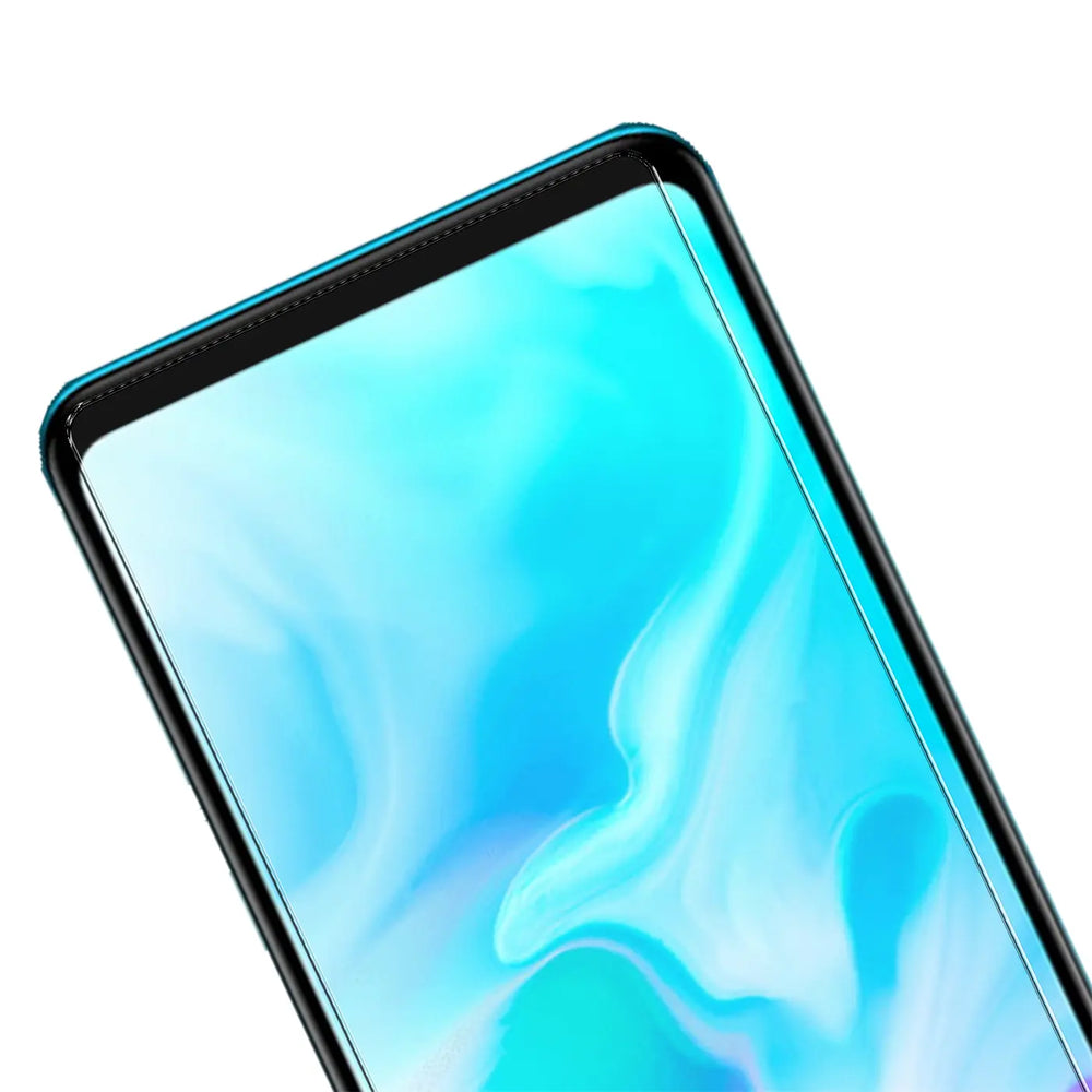 Huawei P30 mit transparentem Panzerglas-Displayschutz, schräg von oben rechts, zeigt obere linke Ecke des Bildschirms.