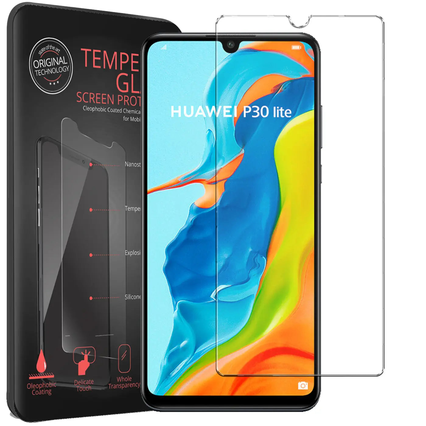 Schwarzes Huawei P30 Lite Smartphone mit bunten Display-Hintergrundbild, daneben zwei klare Panzerglas-Displayschutzfolien.