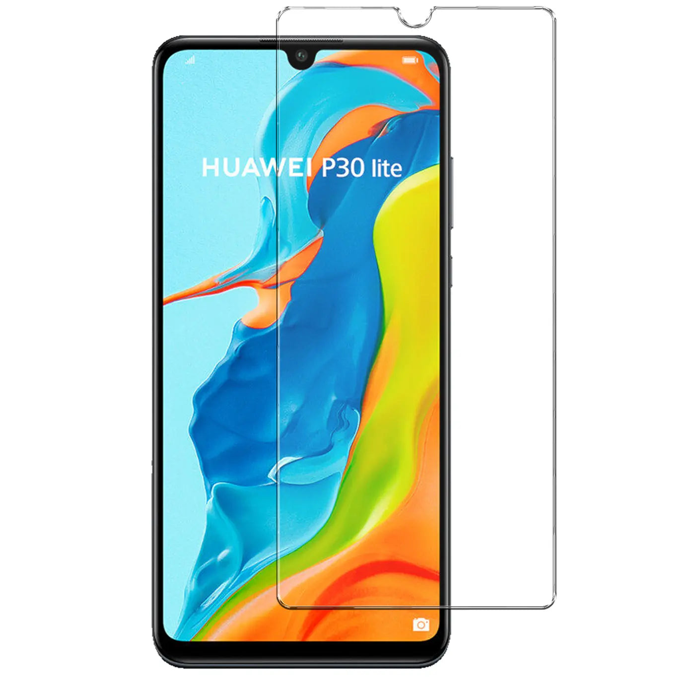 Huawei P30 Lite mit transparentem Panzerglas-Displayschutz, von vorne, leicht schräg.