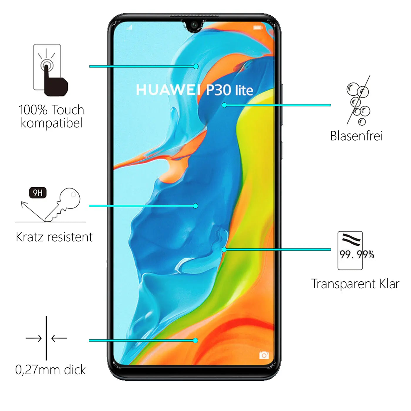 Schwarzes Huawei P30 Lite von vorne, mit bunten Display-Hintergrundbild und Produktmerkmalen für Displayschutzfolie.