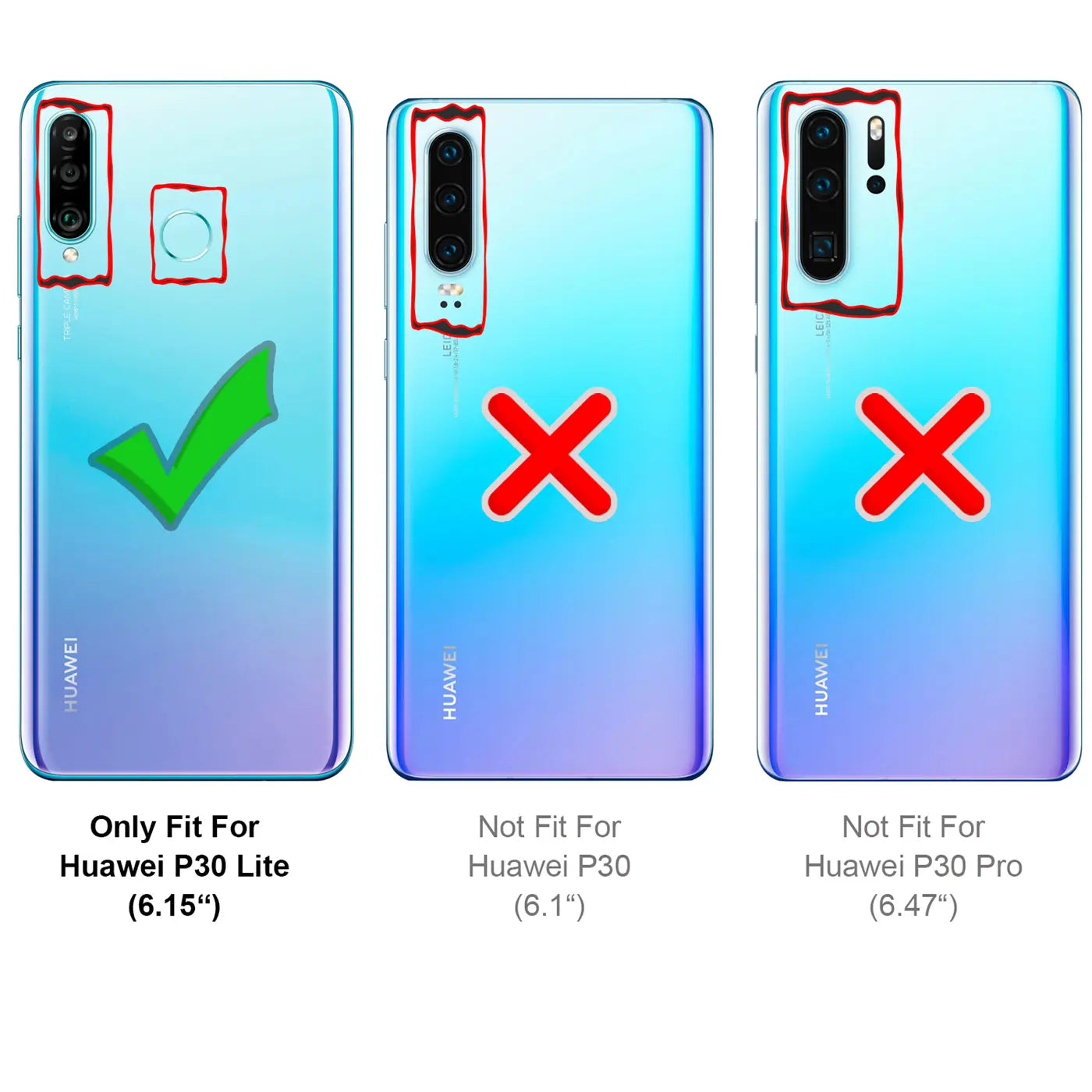Drei Huawei P30-Modelle von hinten: P30 Lite (Haken), P30 (Kreuz), P30 Pro (Kreuz) zur Passform-Veranschaulichung.