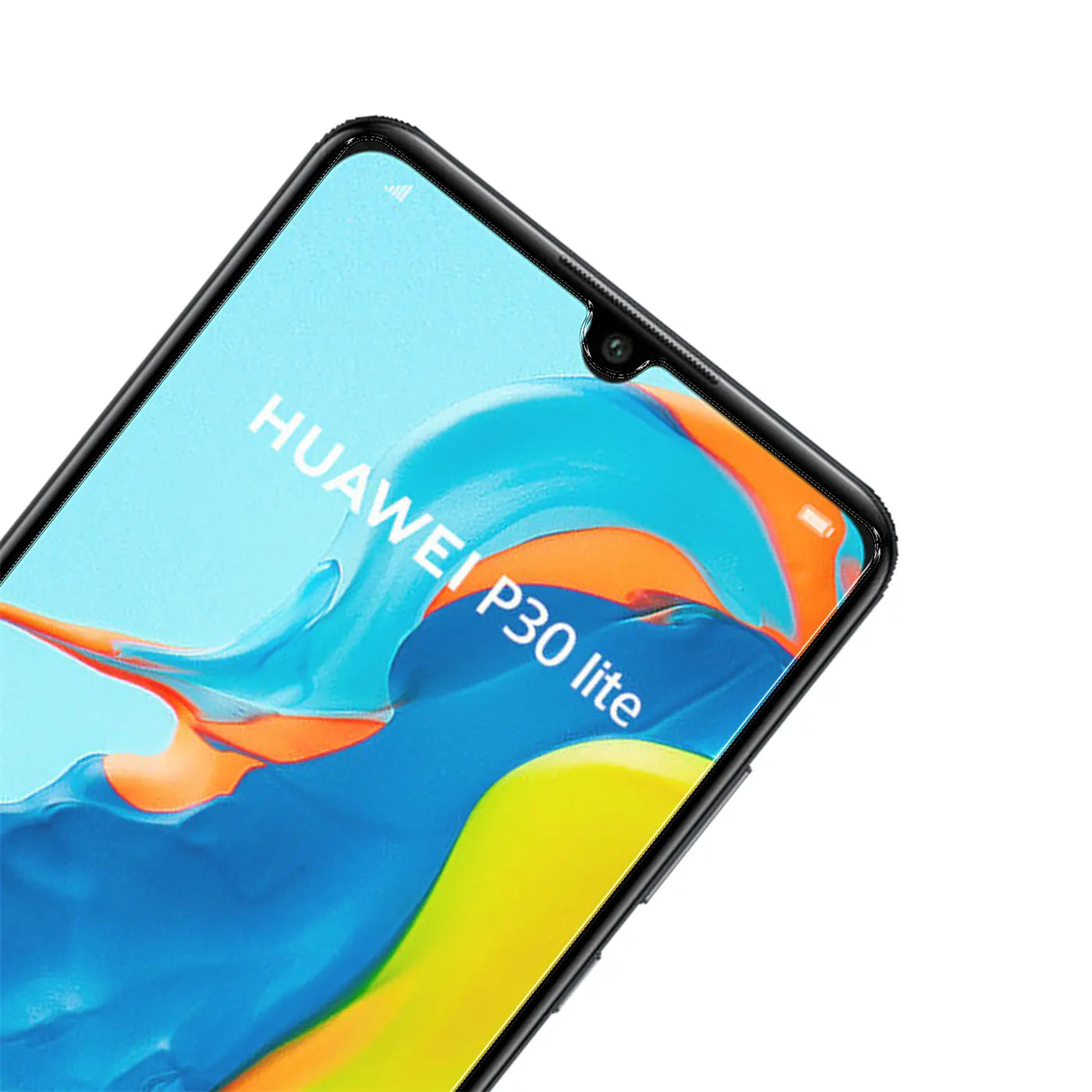 Nahaufnahme des oberen Teils eines schwarzen Huawei P30 Lite Smartphones, Display mit buntem Hintergrund und Schriftzug.