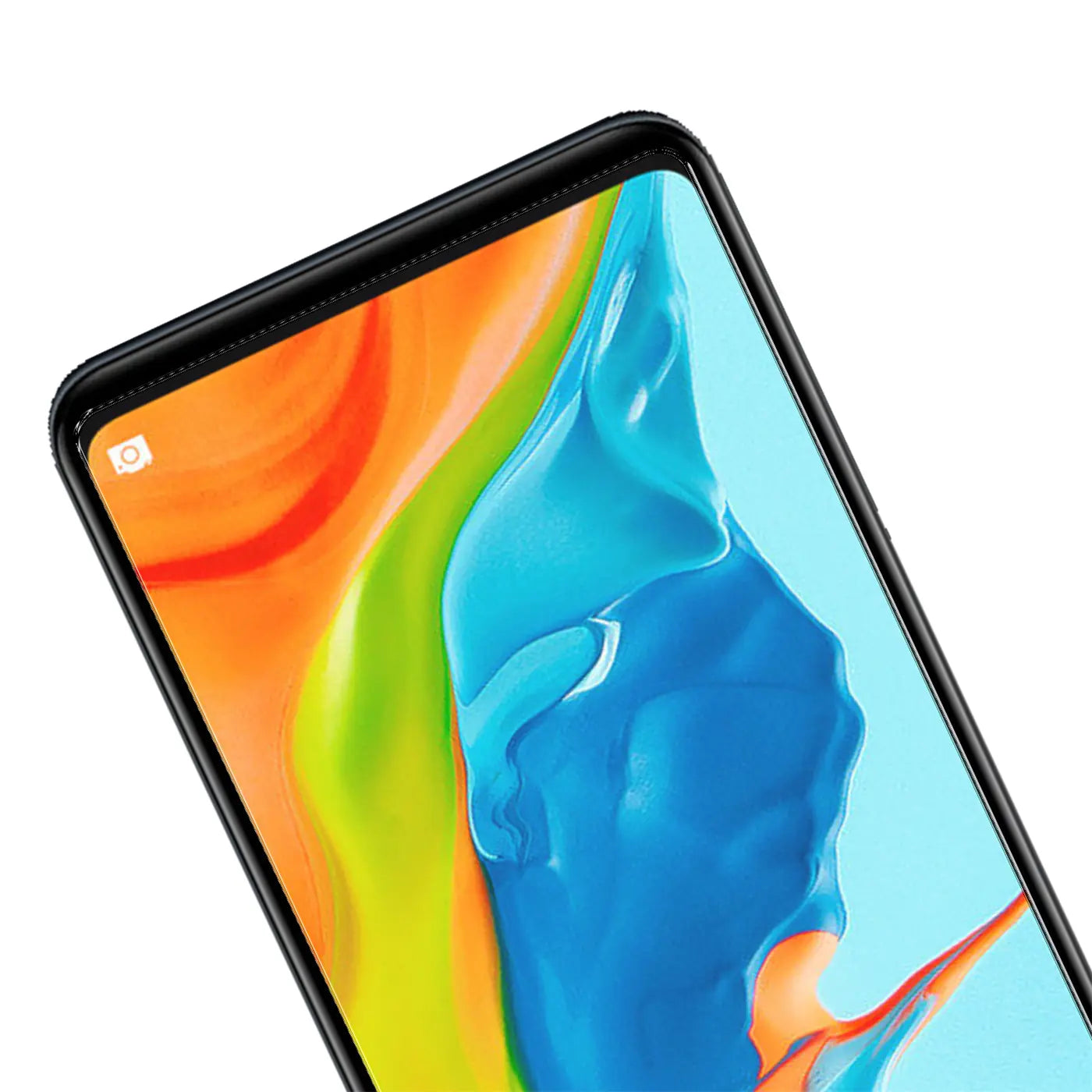 Nahaufnahme des oberen linken Bereichs eines schwarzen Huawei P30 Lite mit buntem Display, schräg von oben.