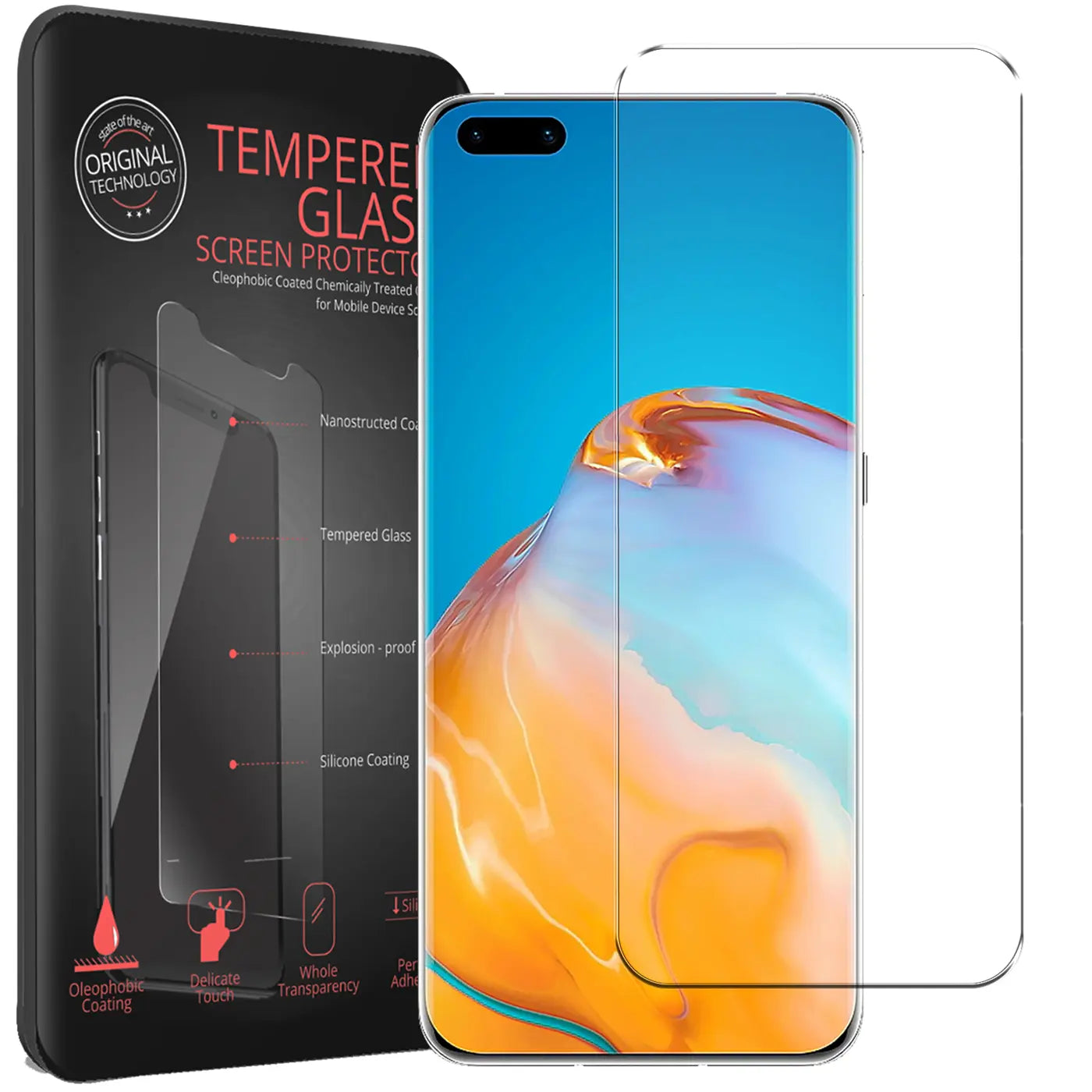 Schwarze Verpackung mit transparentem Panzerglas für Huawei P40, daneben ein Huawei P40 mit aufgelegtem Panzerglas.