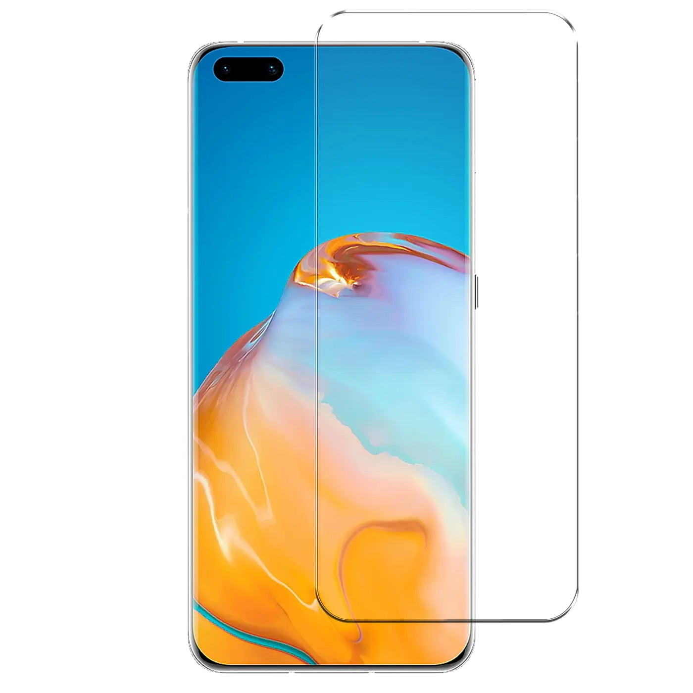 Huawei P40 Smartphone mit transparentem Panzerglas Displayschutz, schräg von vorne auf weißem Hintergrund.