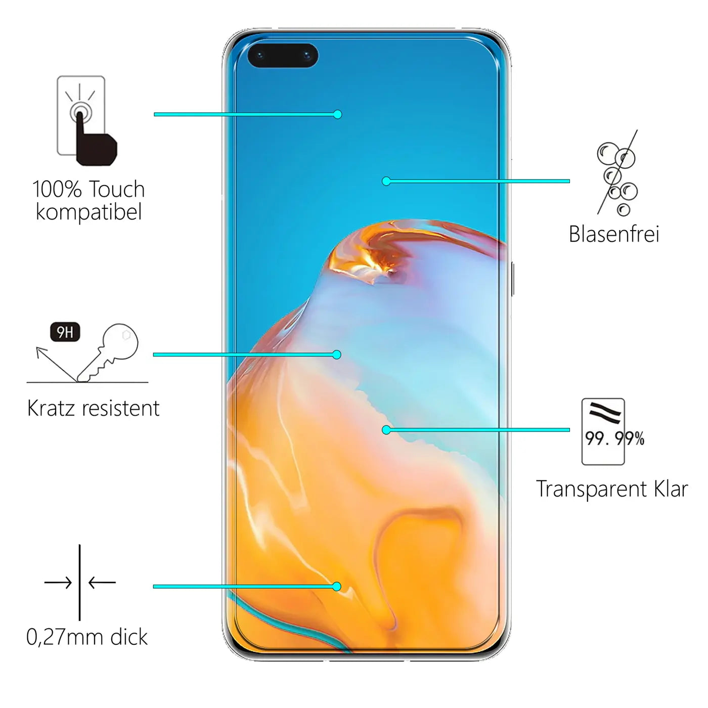 Huawei P40 mit transparentem Panzerglas Displayschutz (Frontalansicht). Eigenschaften wie 9H, 0,27mm dick, blasenfrei.
