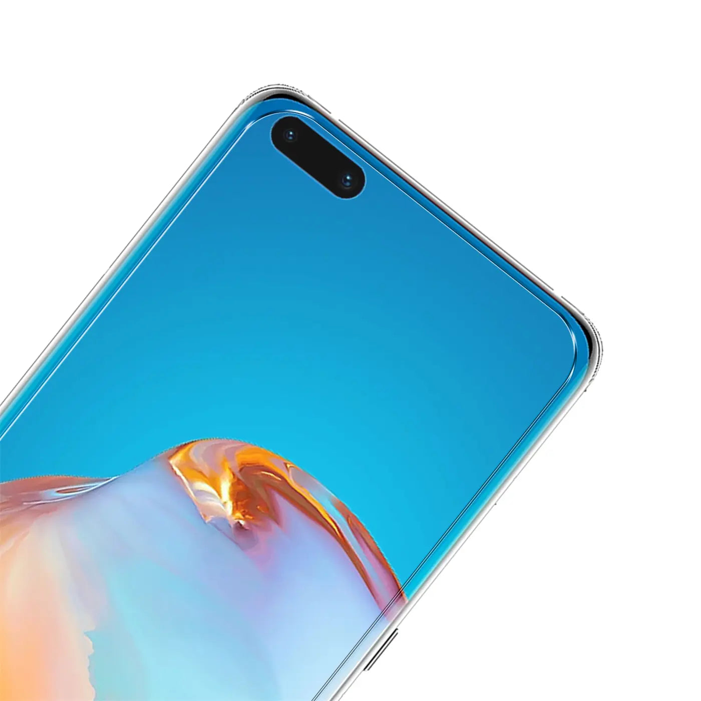 Nahaufnahme eines Huawei P40 mit klarem Panzerglas-Displayschutz, schräg von oben rechts. Das Display zeigt ein blaues.