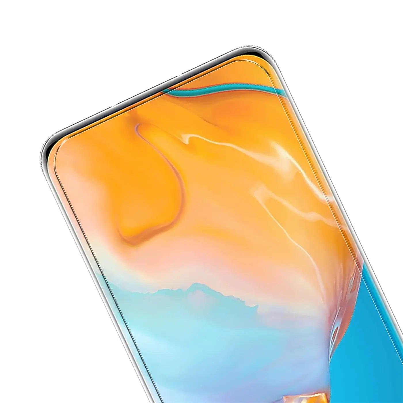 Oberer rechter Bereich eines Huawei P40 mit transparentem Panzerglas-Displayschutz aus Glas, schräg von oben.