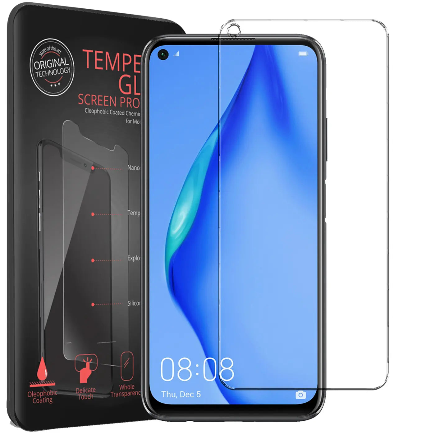 Huawei P40 Lite mit schwarzer Verpackung und 2 transparenten Panzerglas-Displayschutzfolien, schräg von vorne.