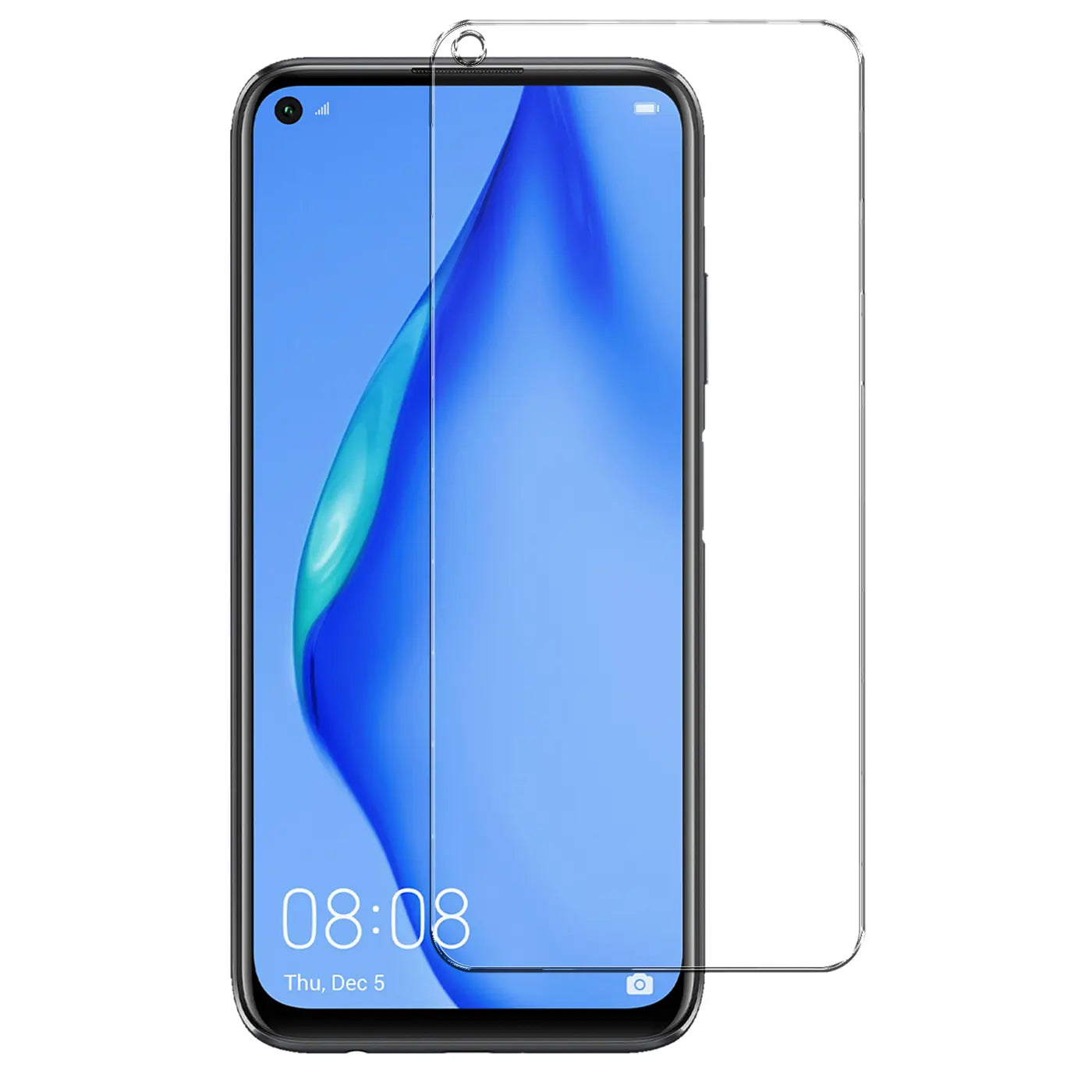 Huawei P40 Lite Smartphone mit schwarzem Rahmen und blauem Display, halb bedeckt von transparentem Panzerglas.