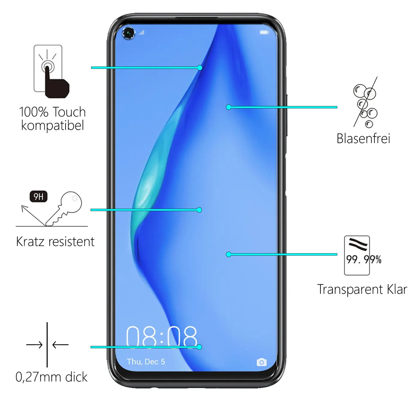 Schwarzes Huawei P40 Lite von vorne, mit transparentem Panzerglas und Infografiken zu dessen Eigenschaften.