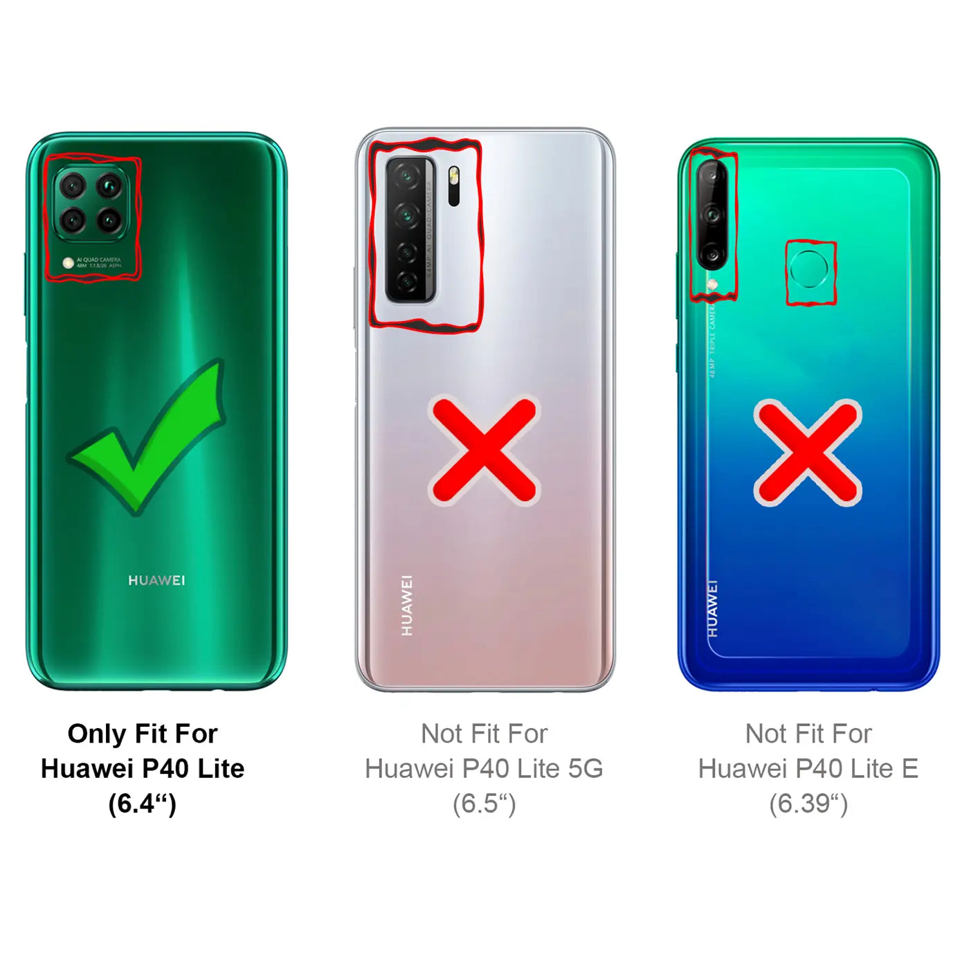 Rückseiten von 3 Huawei P40 Lite Modellen (grün, rosa, blau) mit Kameraausschnitten und Haken/Kreuzen.