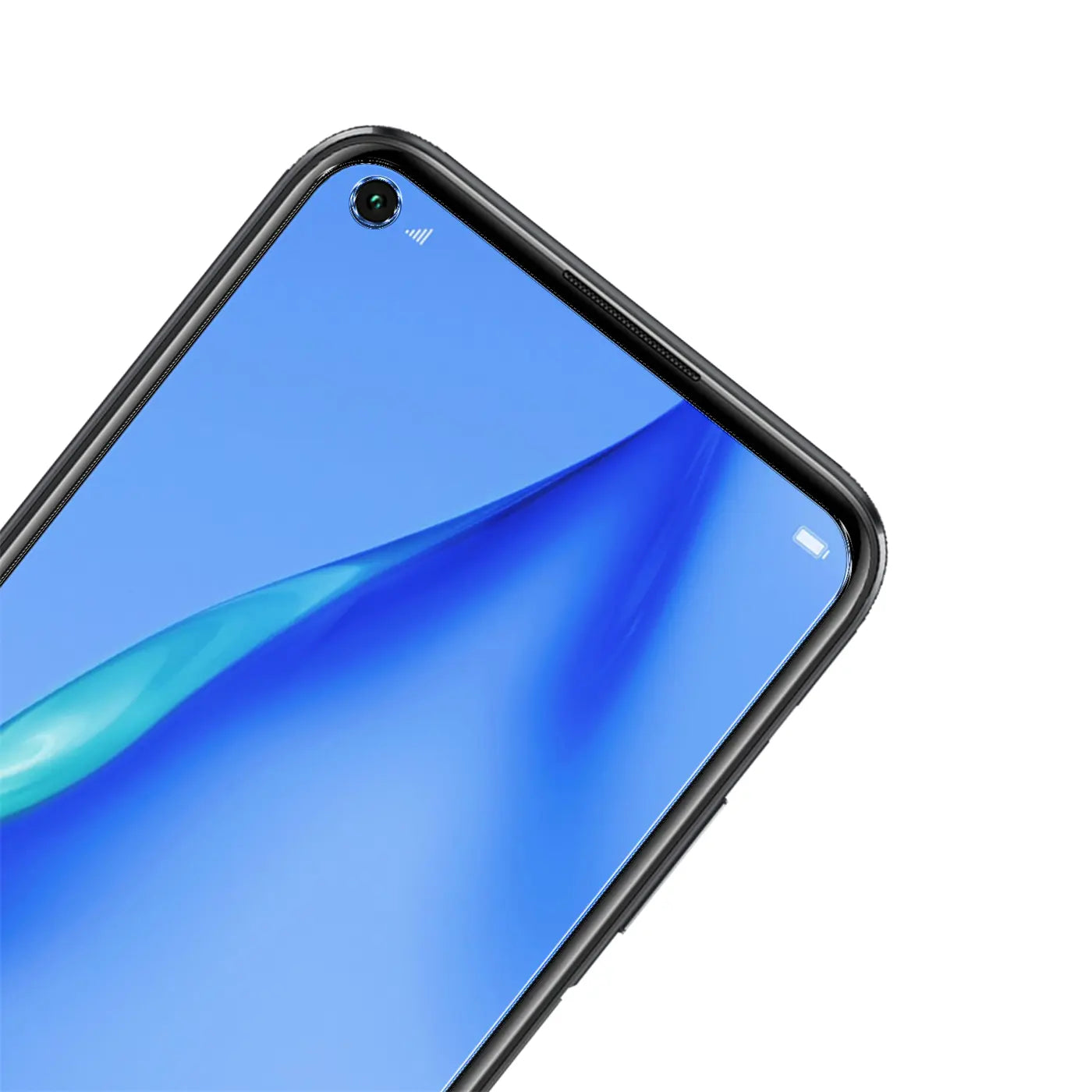 Nahaufnahme des oberen Bereichs eines Huawei P40 Lite mit schwarzem Rand und blauem Display, schräg von oben.