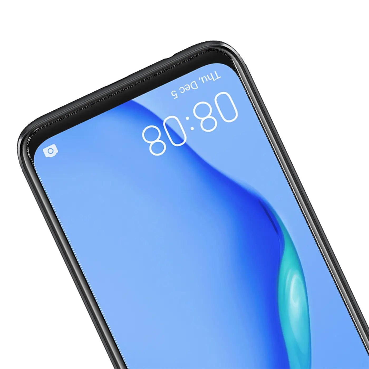 Nahaufnahme eines Huawei P40 Lite mit schwarzem Rahmen und Displayschutz aus Glas, schräg von oben.