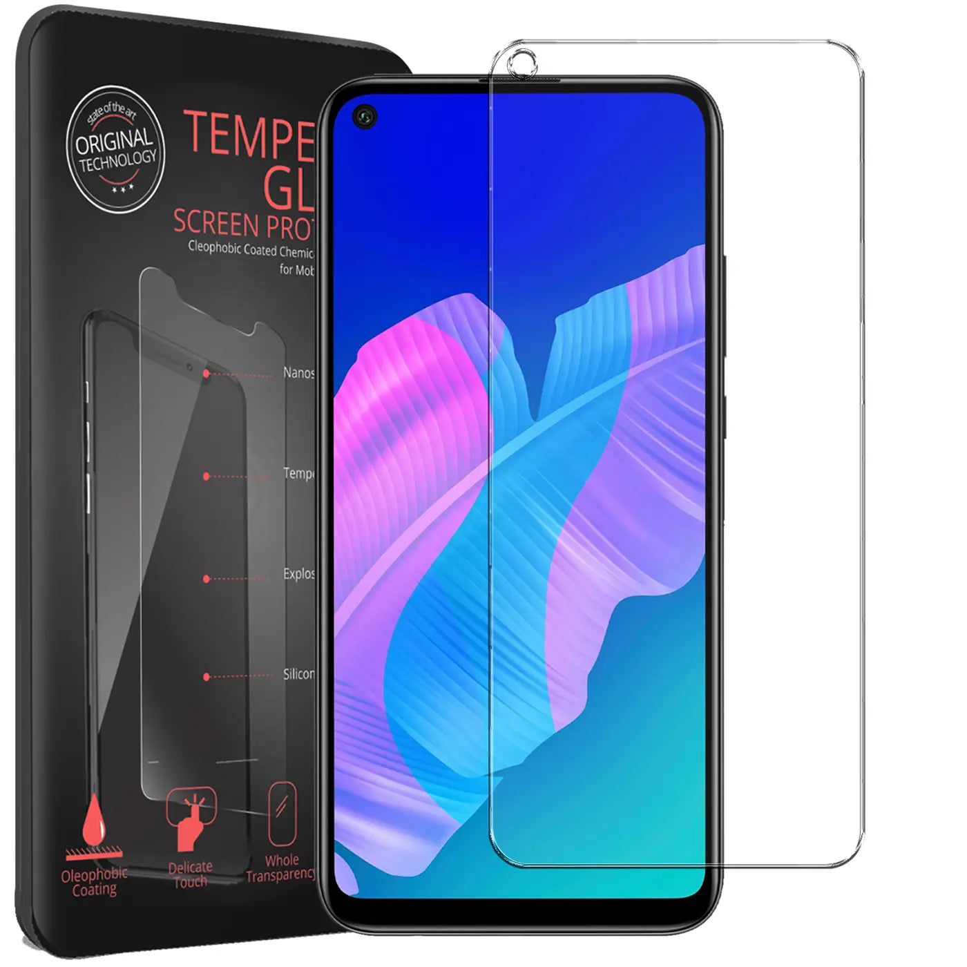 Schwarzes Huawei P40 Lite E mit Display an, daneben 2 transparente Panzerglas-Displayschutzfolien und schwarze Verpackung.