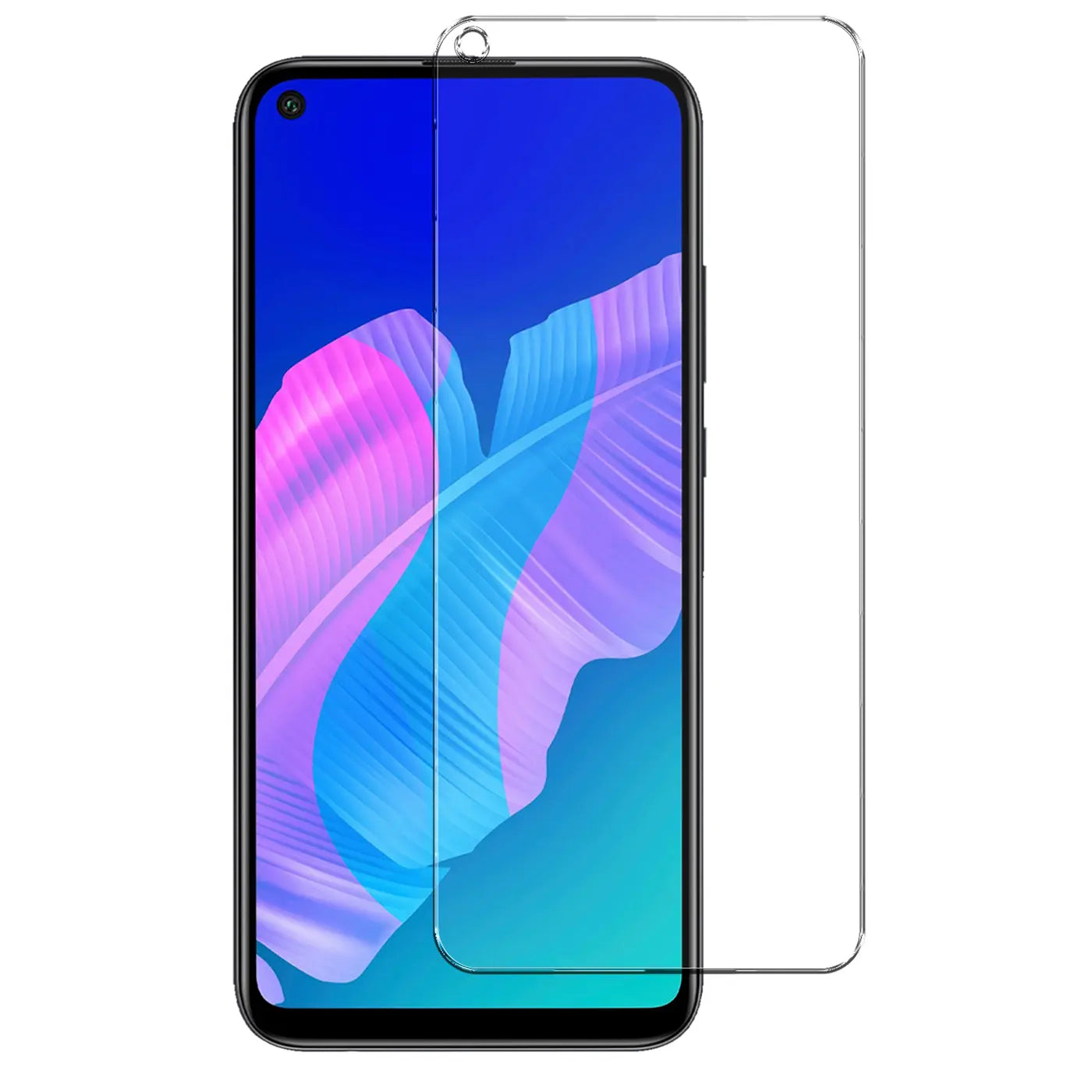 Huawei P40 Lite E mit teilweisem transparentem Panzerglas-Displayschutz von vorne, leicht schräg von oben.