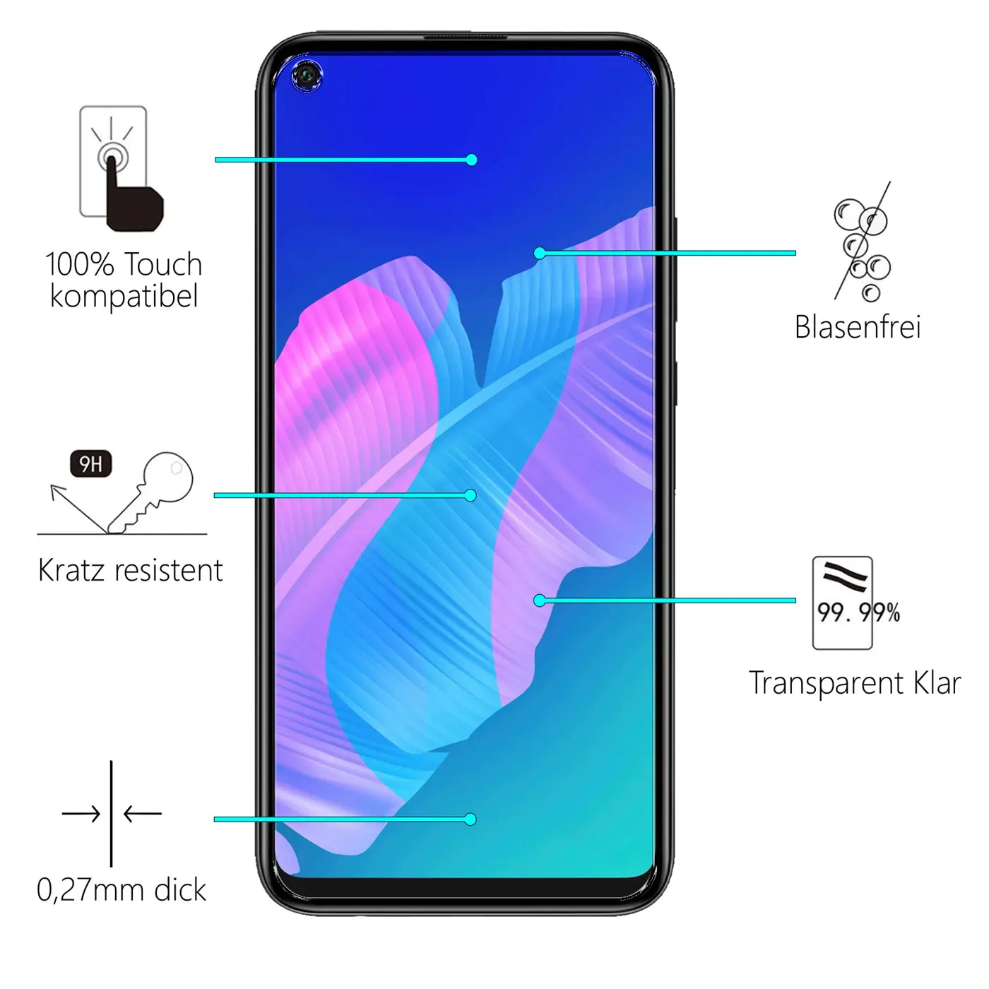 Schwarzes Huawei P40 Lite E von vorne mit Display-Hintergrundbild und Infografiken zu Panzerglas-Eigenschaften.