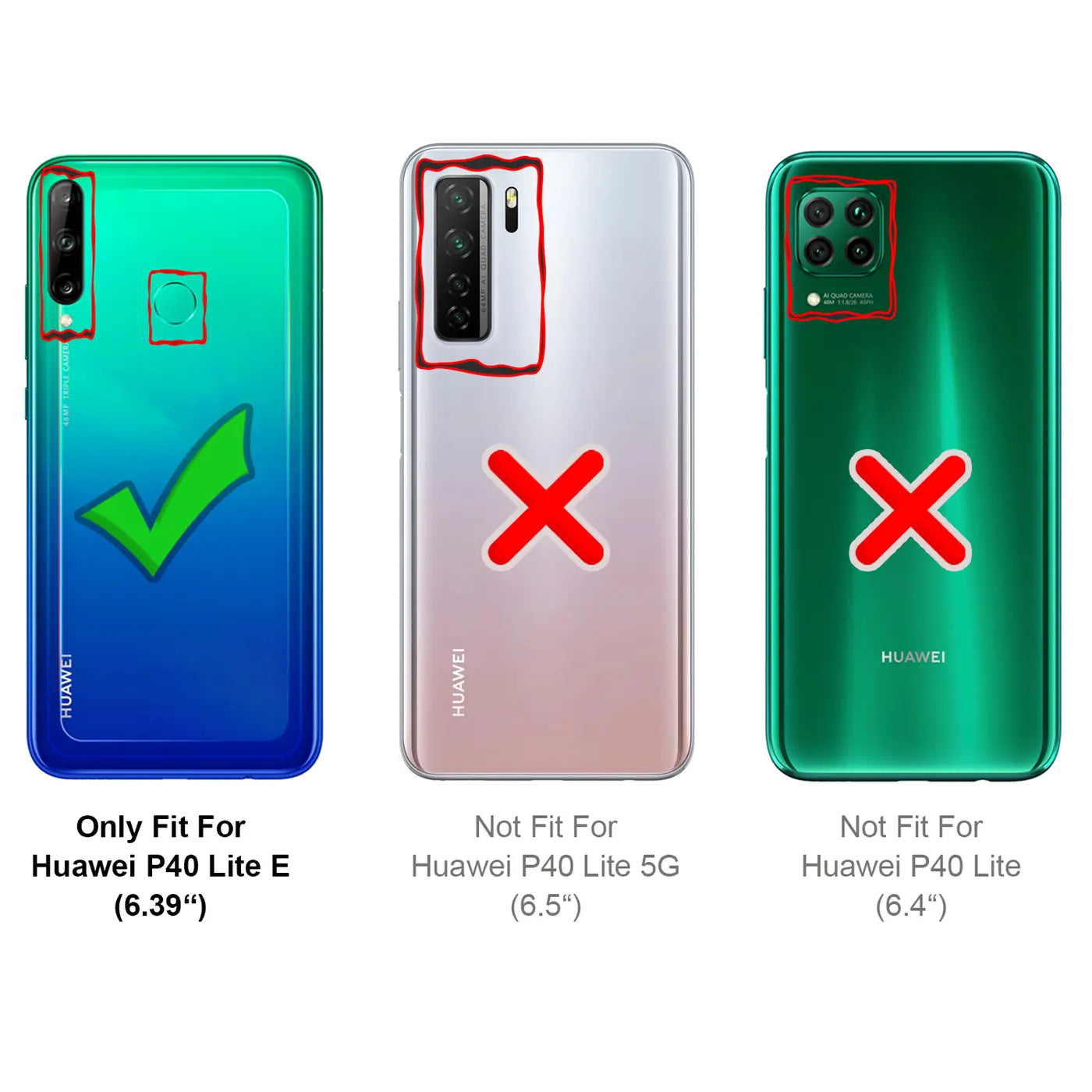 Rückansicht dreier Huawei P40 Lite Modelle: E (grün-blau), 5G (silber-rosa), Standard (grün). Passform wird verglichen.