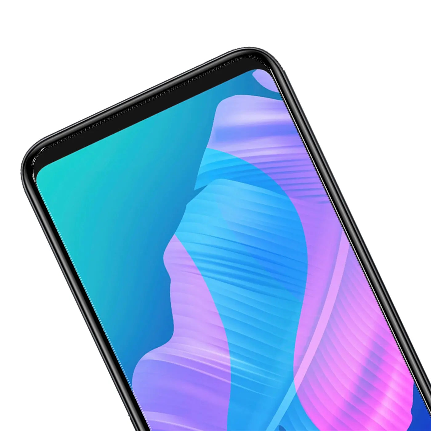 Huawei P40 Lite E mit schwarzem Rahmen und Displayschutz aus Panzerglas, schräg von oben rechts fotografiert.