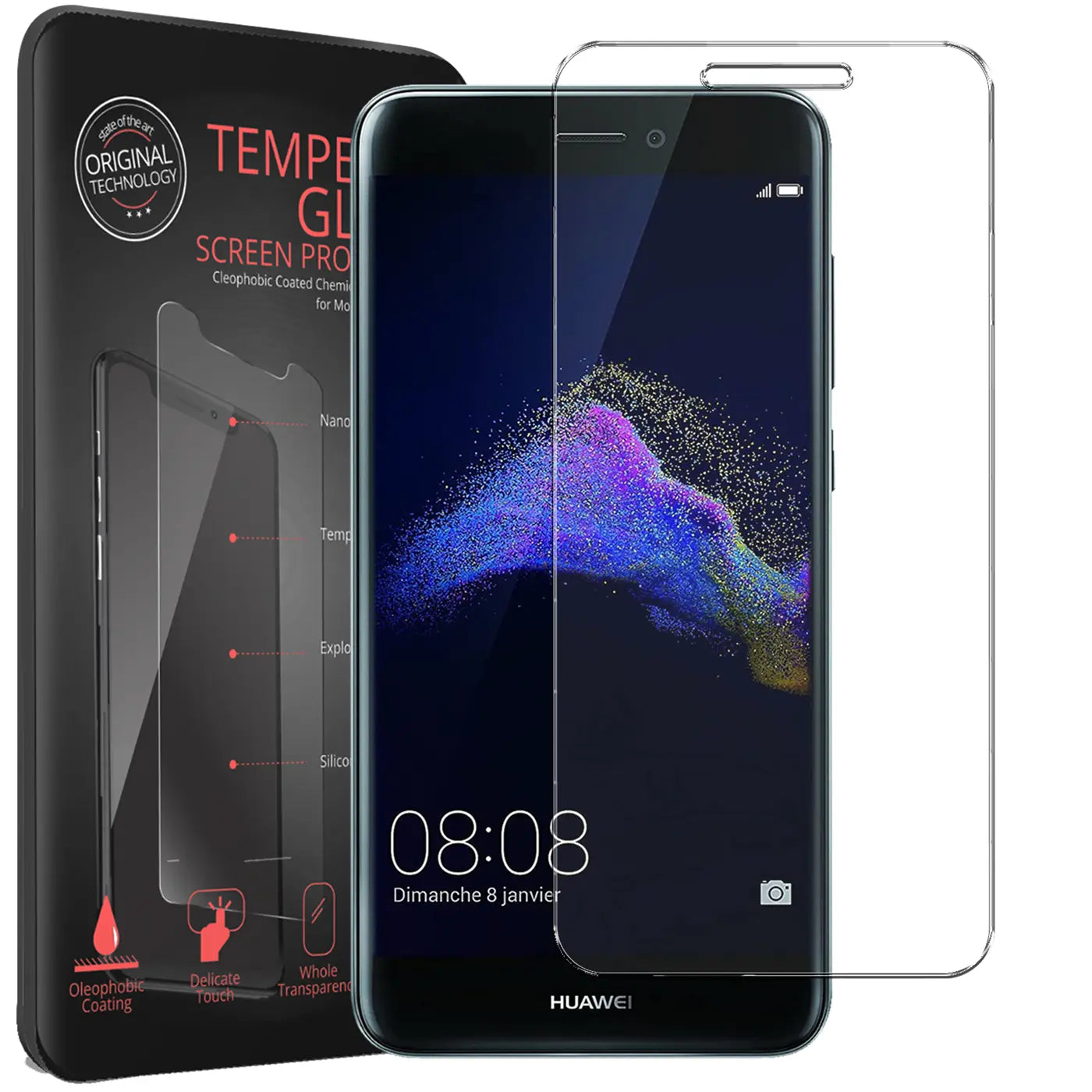 Schwarzes Huawei P8 Lite 2017 Smartphone mit Displayfolie und Verpackung, dazu eine weitere transparente Panzerglasfolie.