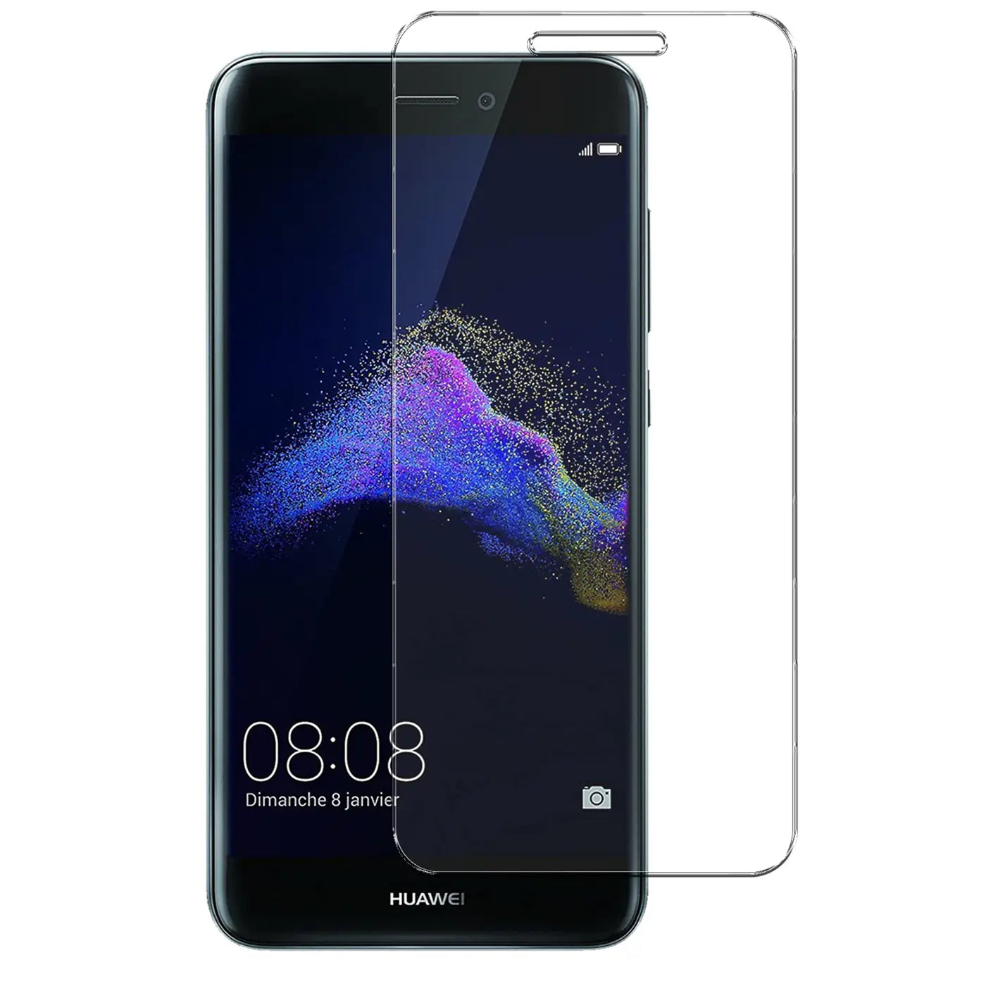 Huawei P8 Lite 2017 Smartphone mit transparentem Panzerglas Displayschutz, schräg von vorne, weißer Hintergrund.