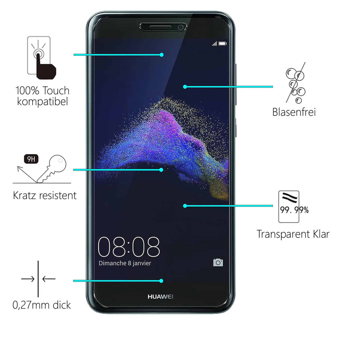 Huawei P8 Lite 2017 in Schwarz, frontal, mit Panzerglas-Displayschutz und Produktmerkmalen.