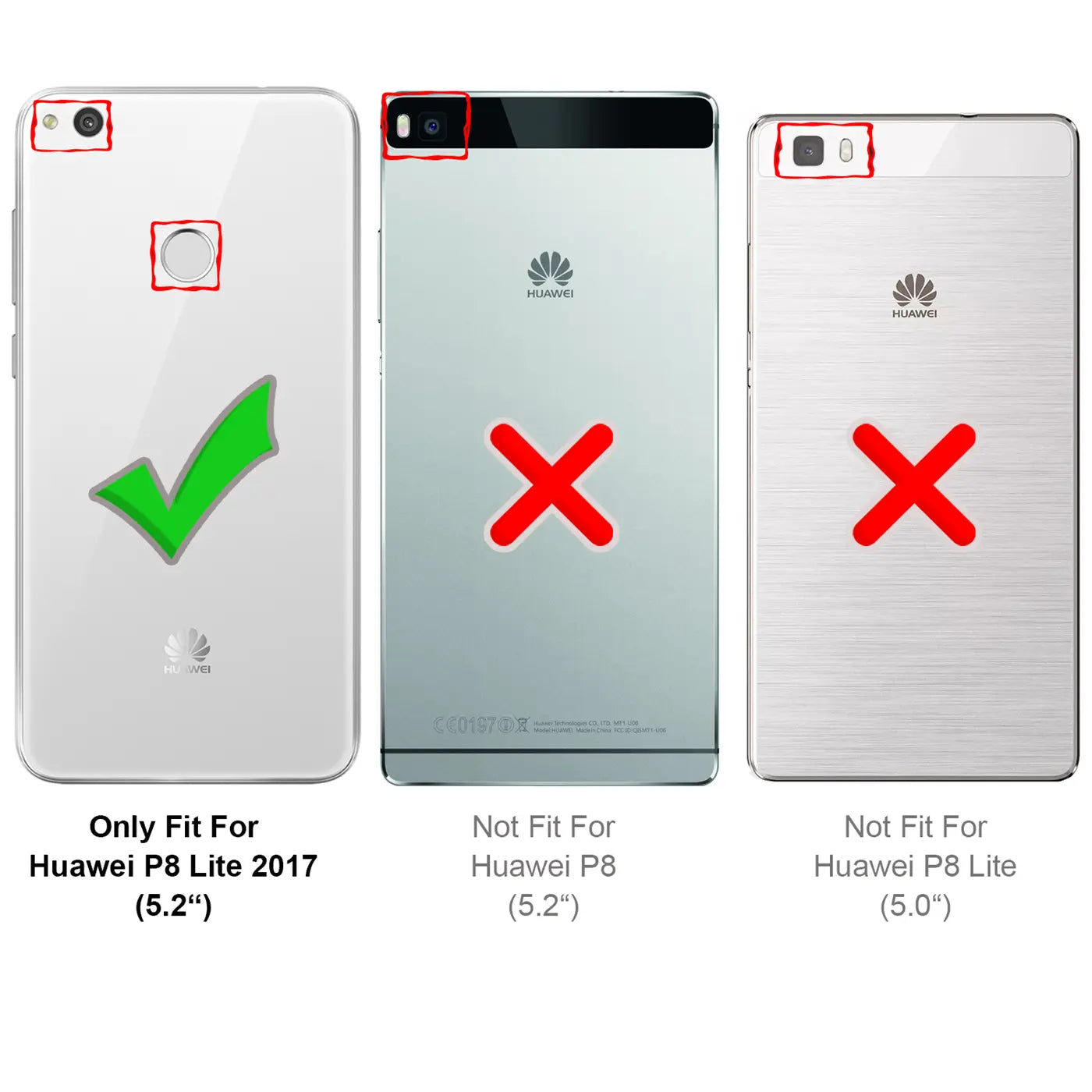 Rückseite von 3 Huawei-Smartphones (P8 Lite 2017, P8, P8 Lite) in Grau/Silber, von oben. Passform wird verglichen.
