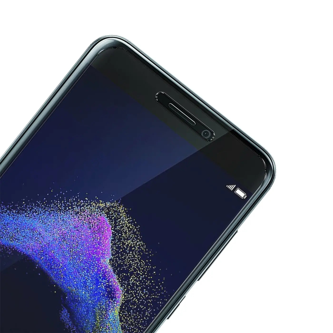 Schwarzes Huawei P8 Lite 2017 mit Panzerglas-Displayschutz, schräg von oben rechts fotografiert.