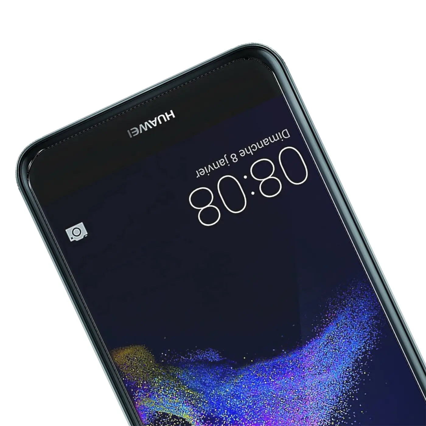 Nahaufnahme eines schwarzen Huawei P8 Lite 2017 Smartphones mit Panzerglas-Displayschutz, schräg von oben.
