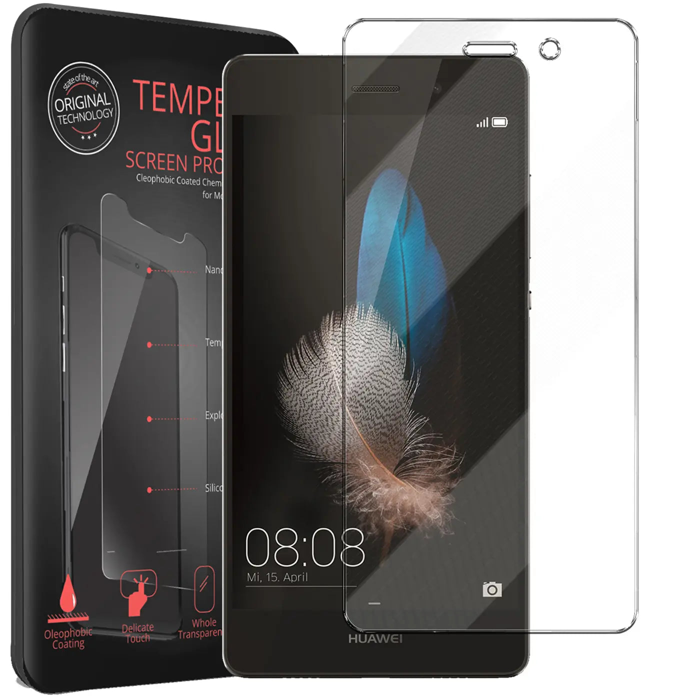 Schwarzes Huawei P8 Lite mit transparentem Panzerglas-Displayschutz und Verpackung, schräg von vorne.