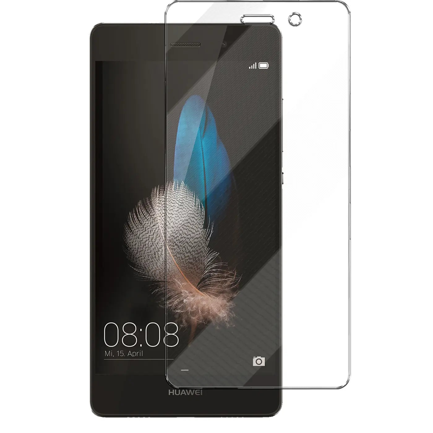 Huawei P8 Lite Handy mit transparentem Panzerglas-Displayschutz, schräg von vorne, auf weißem Hintergrund.