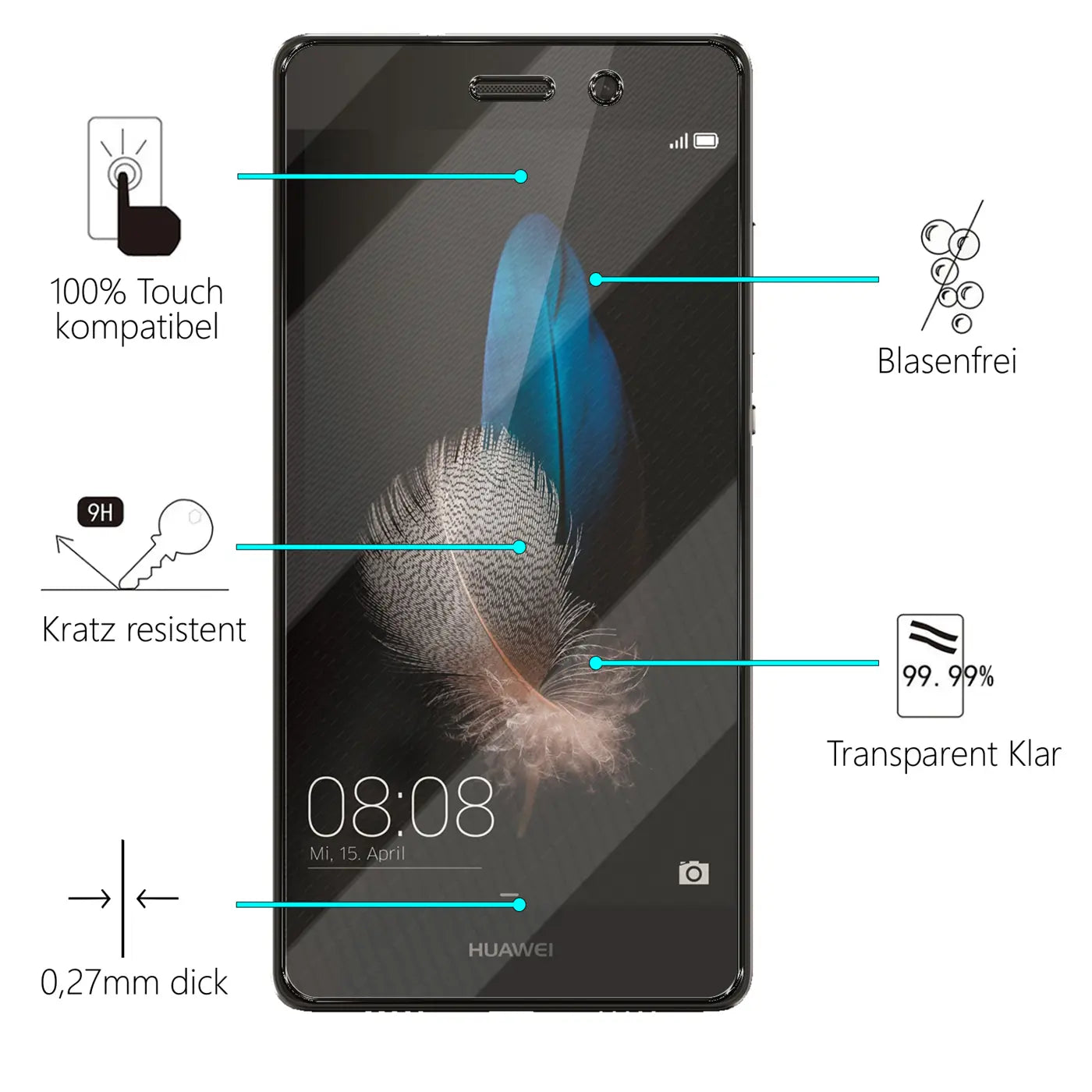Schwarzes Huawei P8 Lite von vorne mit Panzerglas-Displayschutz. Mehrere Text- und Symbol-Hinweise zu den Eigenschaften.