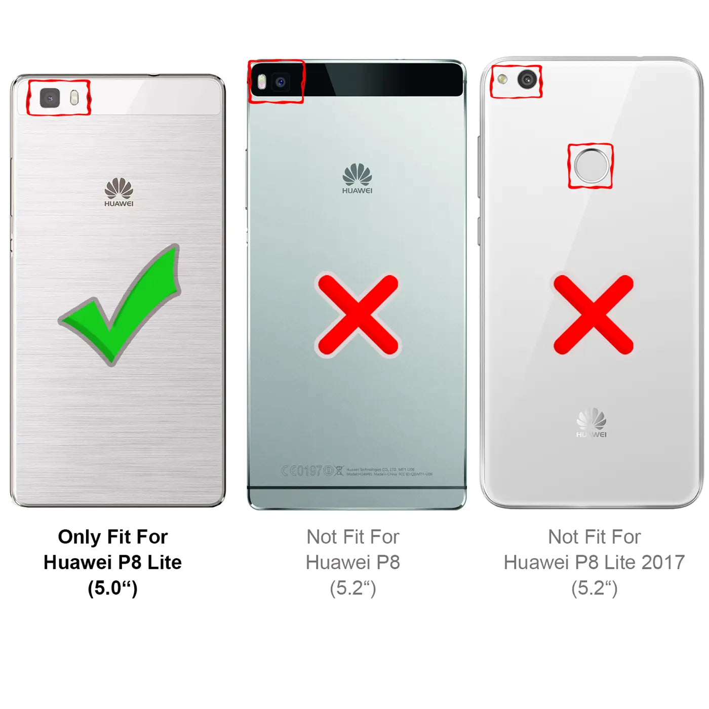 Rückseite von 3 Huawei P8-Modellen: P8 Lite (links, silber, Haken), P8 (Mitte, grau, X), P8 Lite 2017 (rechts, weiß, X).