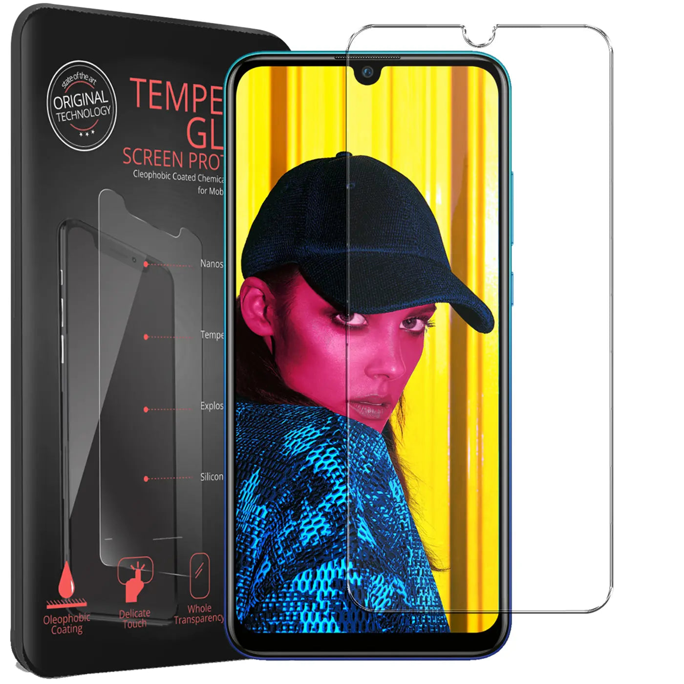 Zwei transparente Panzerglas-Displayschutzfolien für Huawei P Smart 2019, eine auf dem Handy, eine daneben.