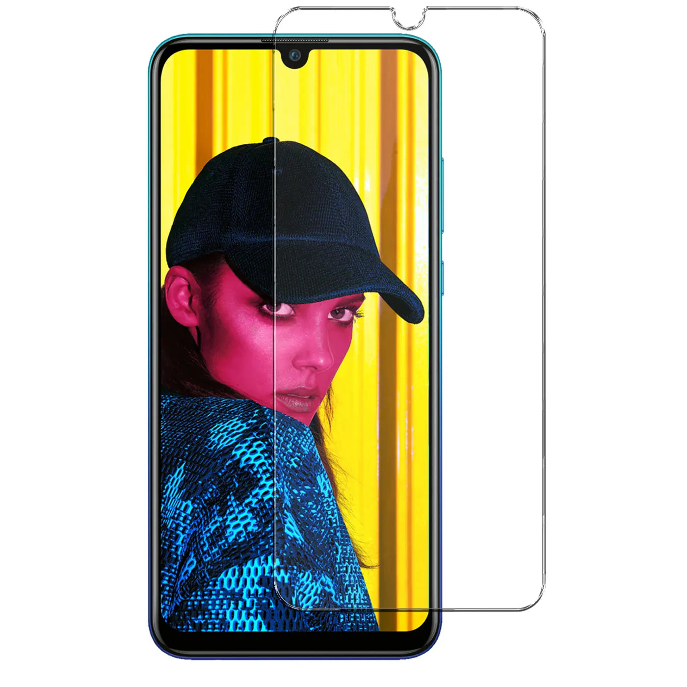 Huawei P Smart 2019 Smartphone mit transparentem Panzerglas-Displayschutz, von vorne gesehen.