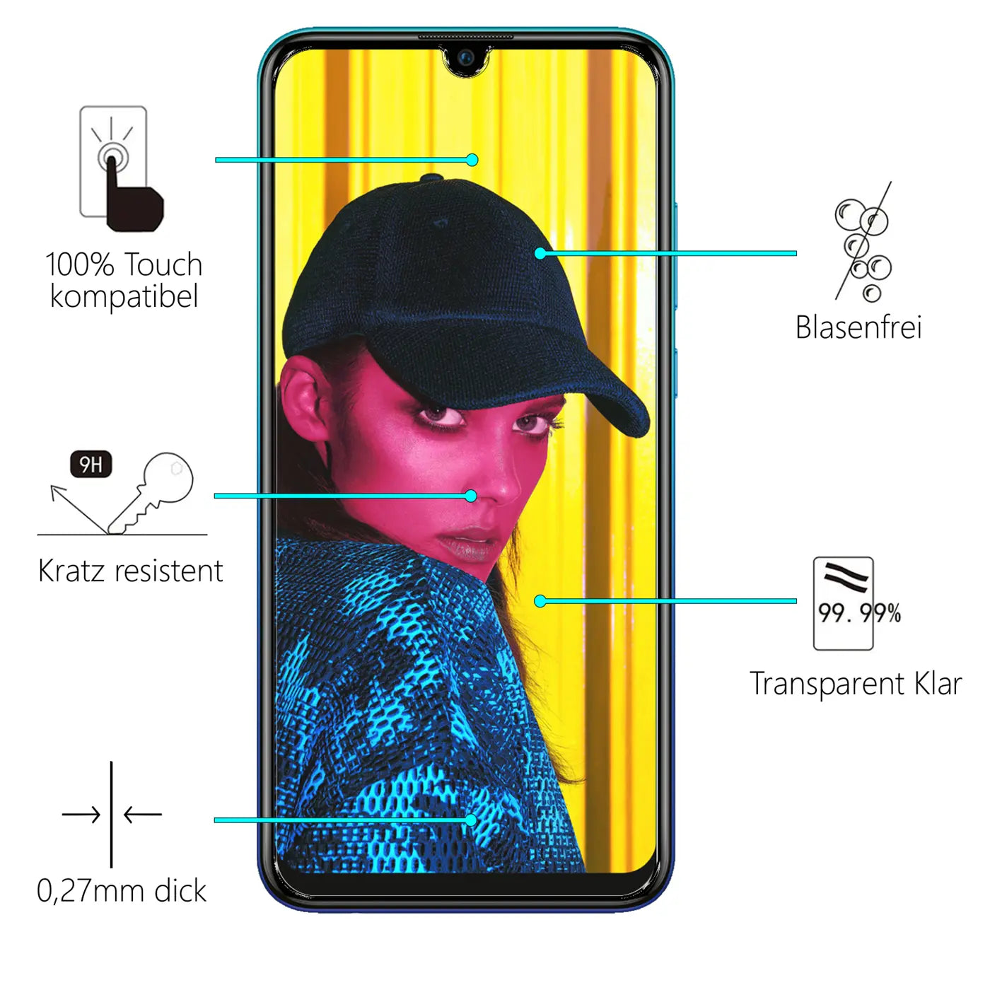 Huawei P Smart 2019 Smartphone mit Display-Schutzfolie, umgeben von Icons für Touch, Kratzfestigkeit, Blasenfreiheit.