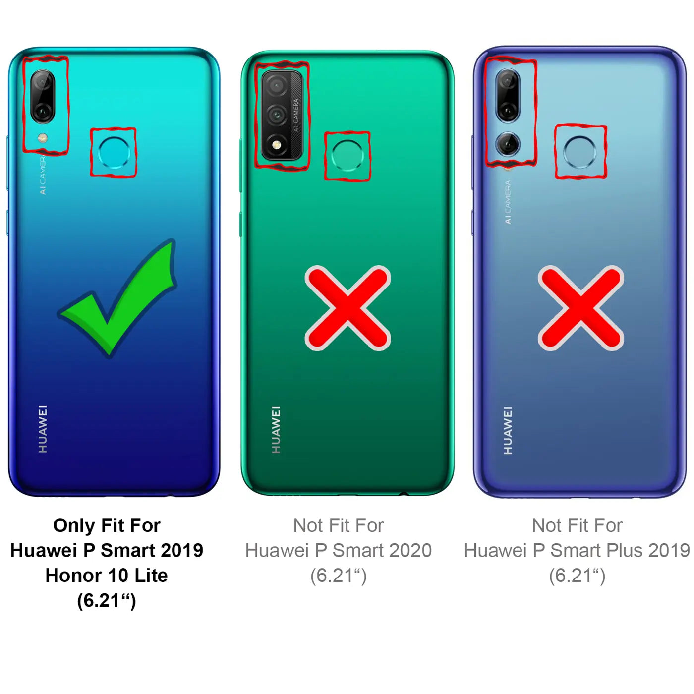 Rückseite von 3 Huawei P Smart Handys (blau, grün, lila) mit Kamera- und Fingerabdrucksensor-Aussparungen.