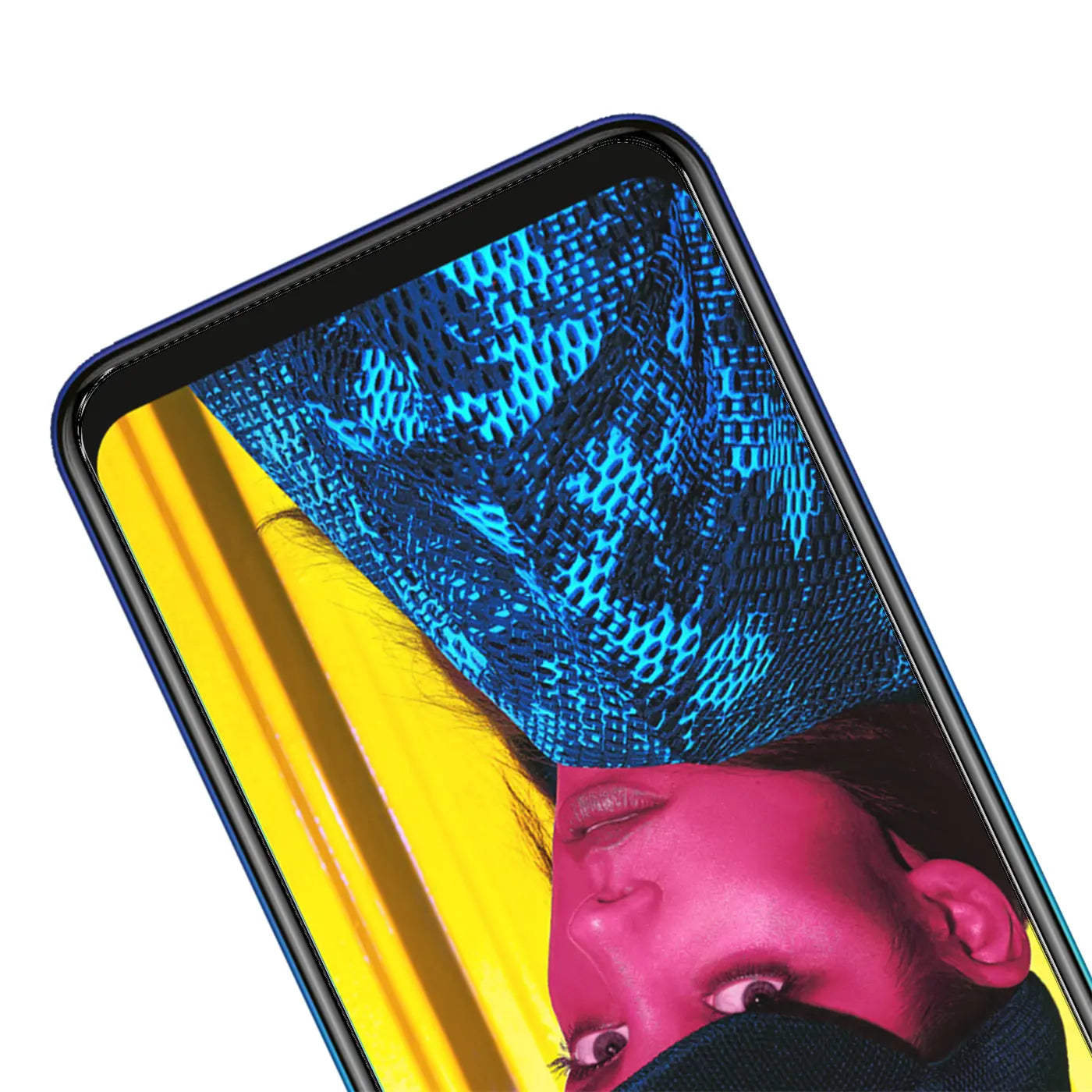 Nahaufnahme eines Huawei P Smart 2019 Handys, schräg von oben. Das Display zeigt ein abstraktes, farbiges Bild.