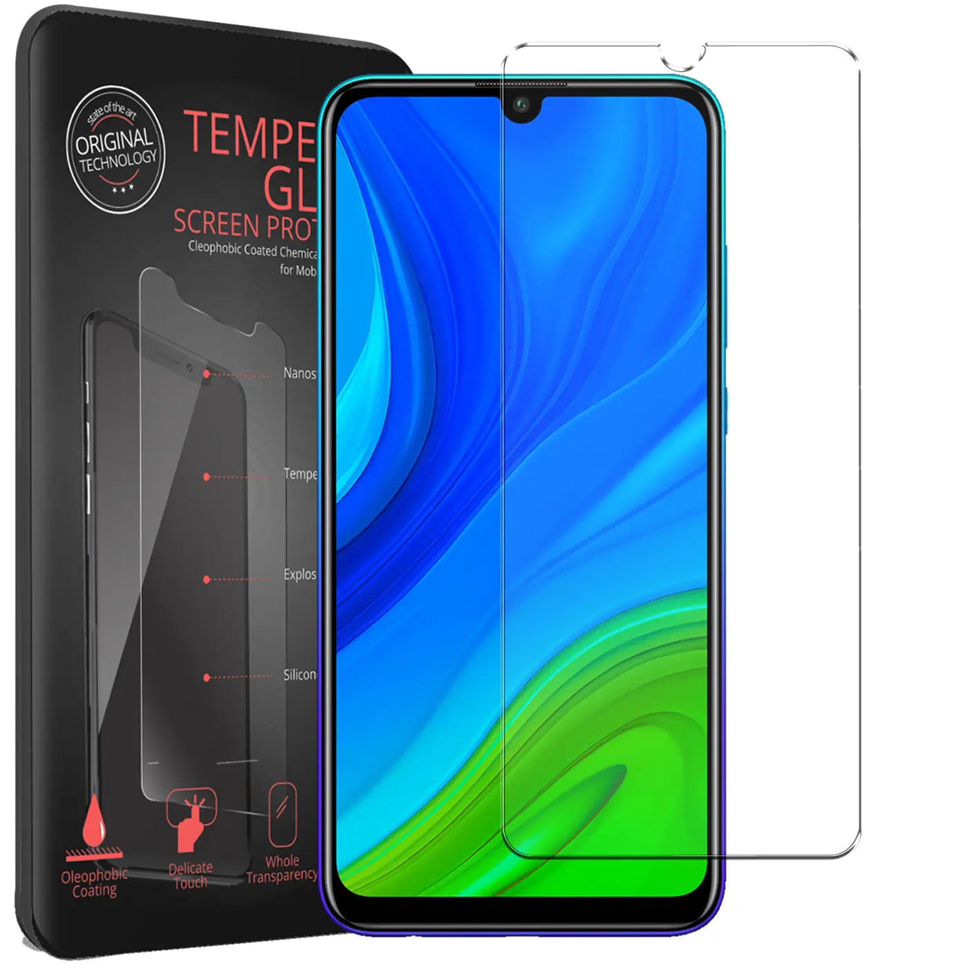 Schwarze Verpackung, Huawei P Smart 2020 Smartphone (Vorderseite) mit blauem Display und 2 transparente Panzergläser.