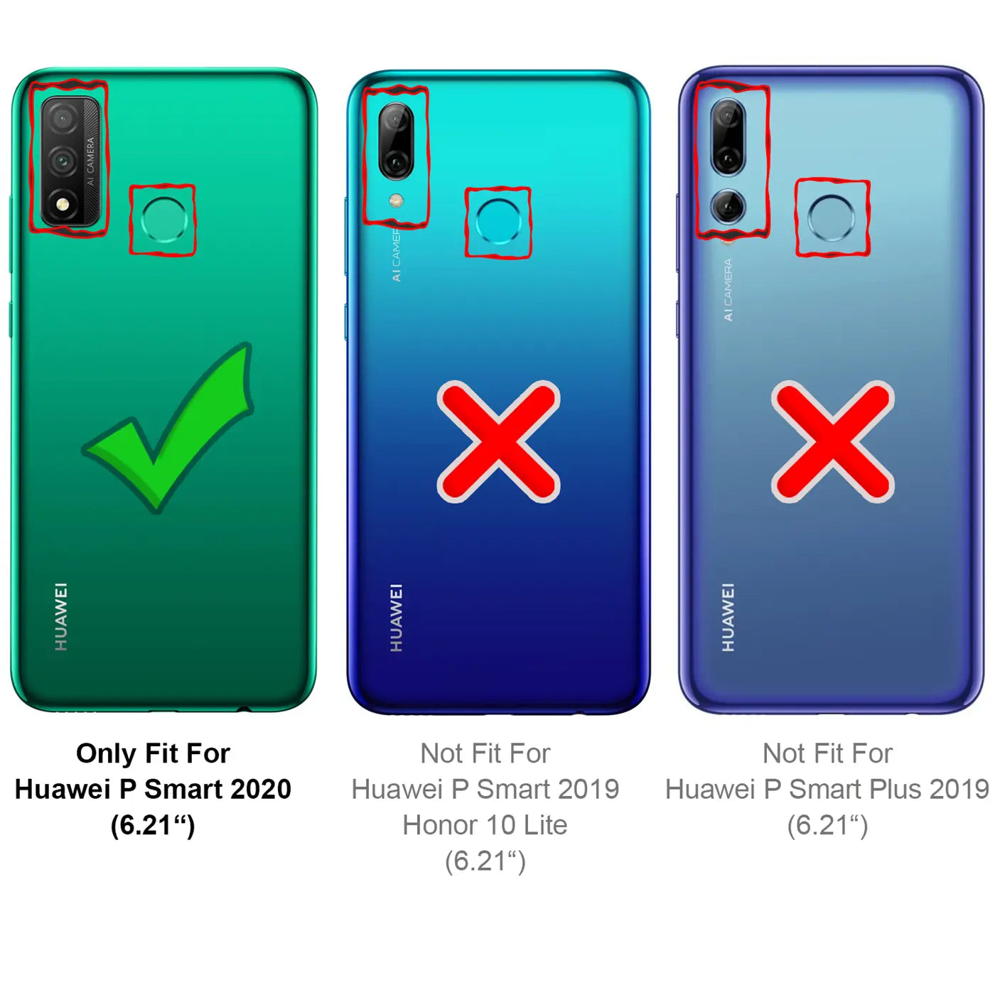 Rückseite von 3 Huawei P Smart Handys (grün, blau, lila) mit Kamera- und Fingerabdrucksensor-Aussparungen.