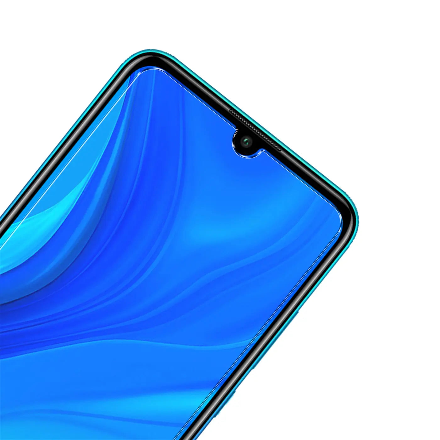 Nahaufnahme des oberen Bereichs eines Huawei P Smart 2020 mit blauem Display und klarem Panzerglas-Displayschutz.