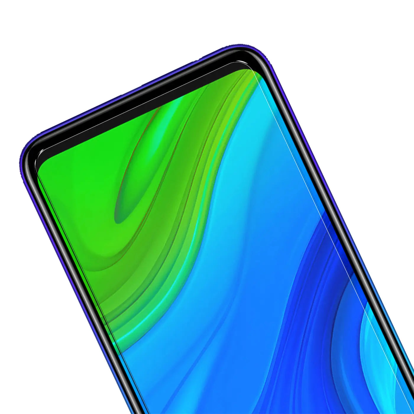 Oberer Bereich eines Huawei P Smart 2020 mit blauem Rahmen und Panzerglas-Displayschutz, schräg von oben.