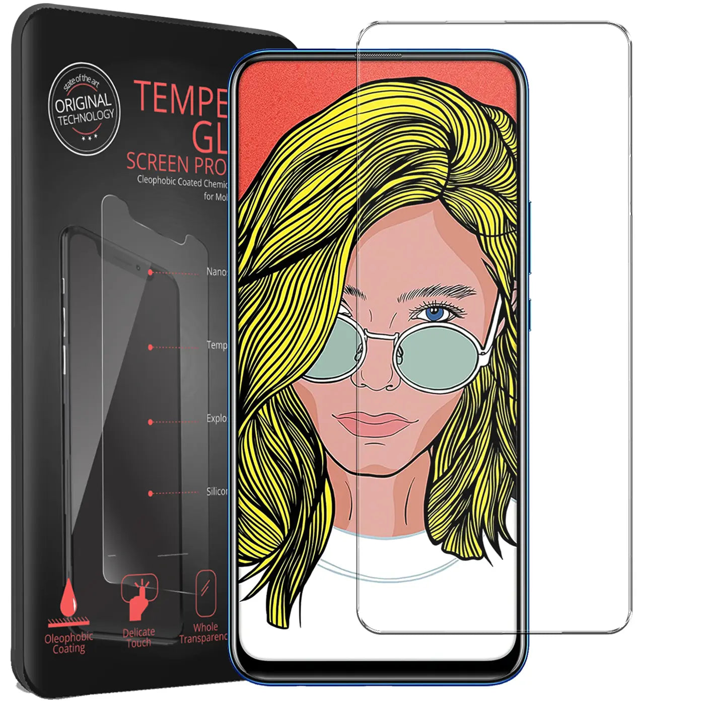Schwarze Verpackung, blaues Huawei P Smart Z / Honor 9X mit Comic-Gesicht und transparentes Panzerglas von vorne.