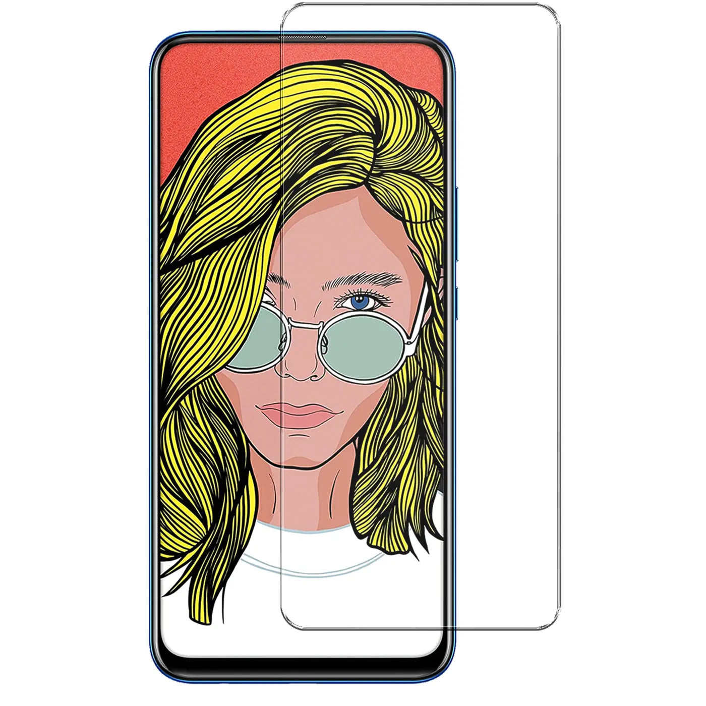 Blaues Huawei P Smart Z / Honor 9X Smartphone mit Comic-Hintergrund, davor ein klarer Panzerglas Displayschutz.