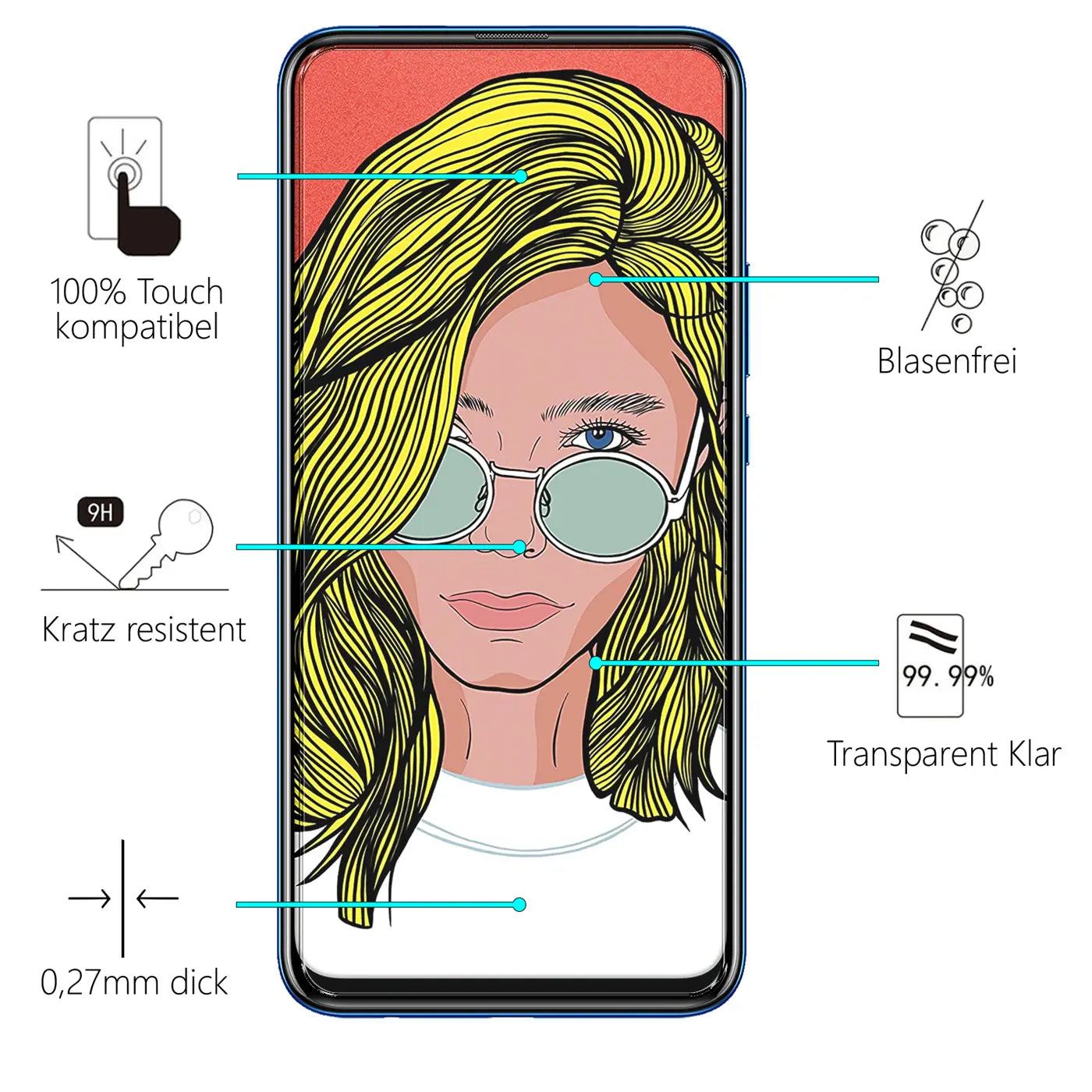Blaues Huawei P Smart Z / Honor 9X Handy mit illustrierter Frau. Eigenschaften des Panzerglases: 9H, 0,27mm dick.