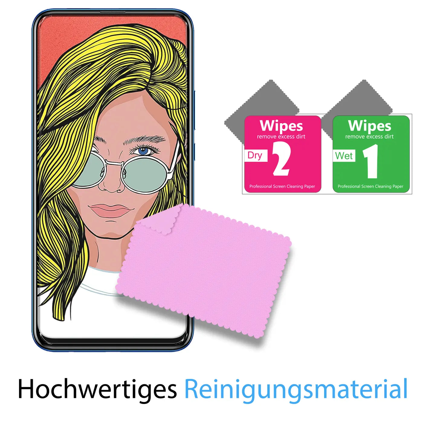 Huawei P Smart Z / Honor 9X mit abgebildeter Frau, rosa Mikrofasertuch und zwei Reinigungstüchern (nass/trocken).