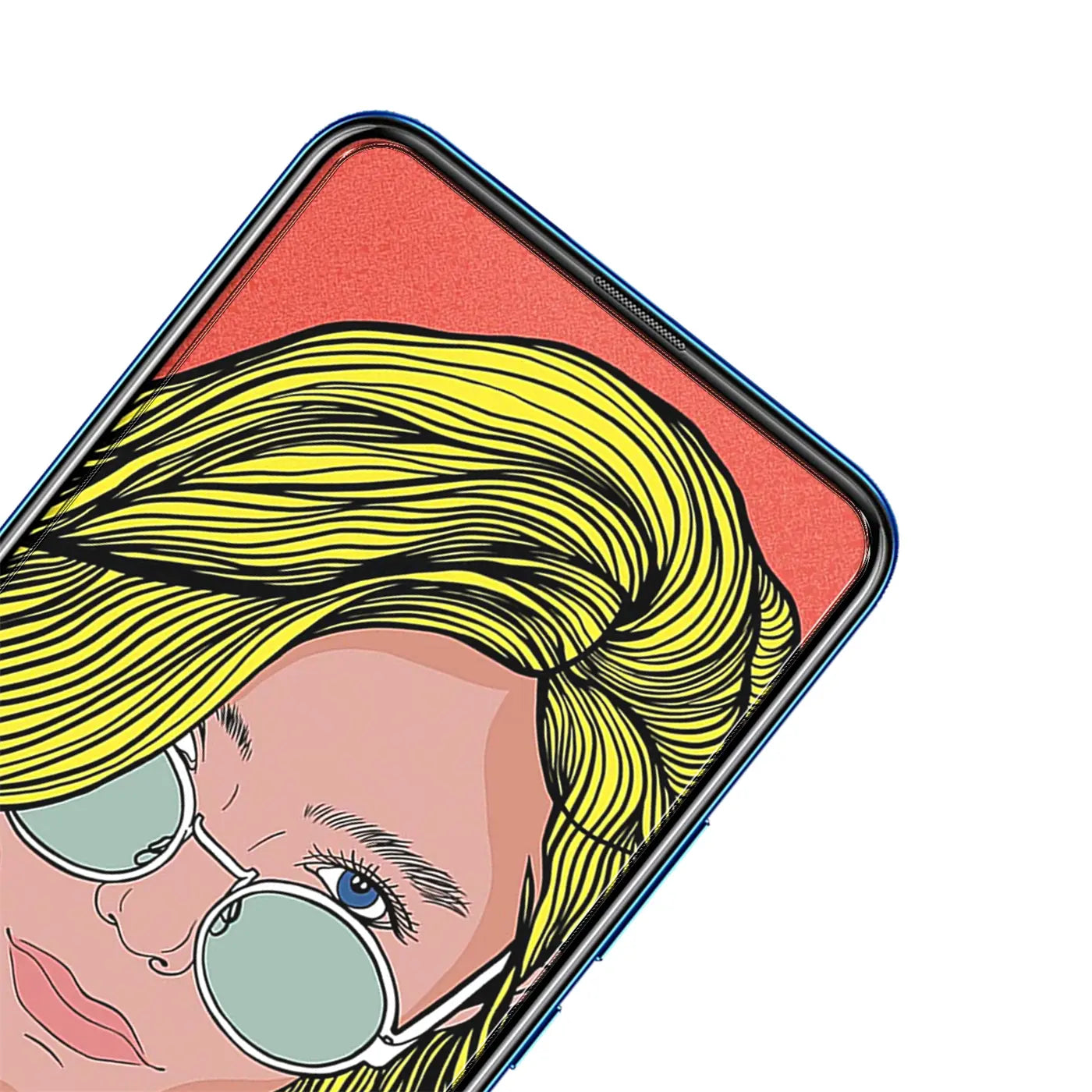 Nahaufnahme eines Huawei P Smart Z / Honor 9X Displays mit Pop-Art-Bild einer blonden Frau mit runder Brille.