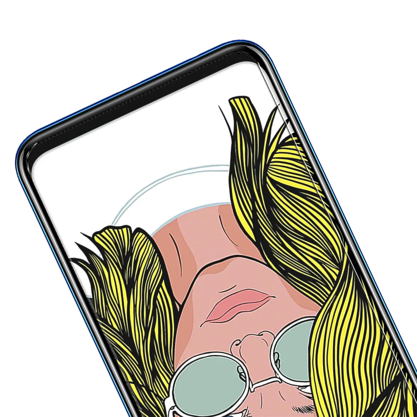Huawei P Smart Z / Honor 9X mit Panzerglas Displayschutz. Nahaufnahme, schräg von oben, mit Pop-Art-Gesicht.