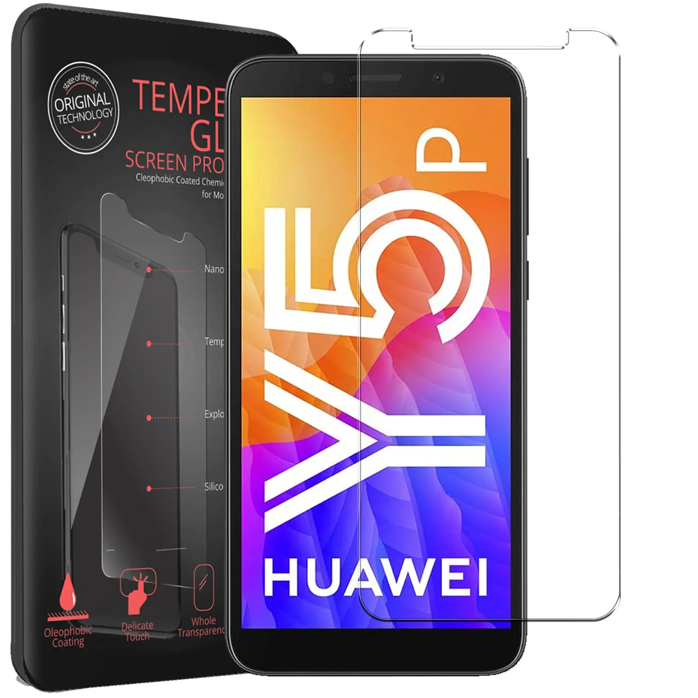 Schwarzes Huawei Y5P Smartphone mit Display an, daneben 2 transparente Panzerglas-Displayschutzfolien und schwarze.