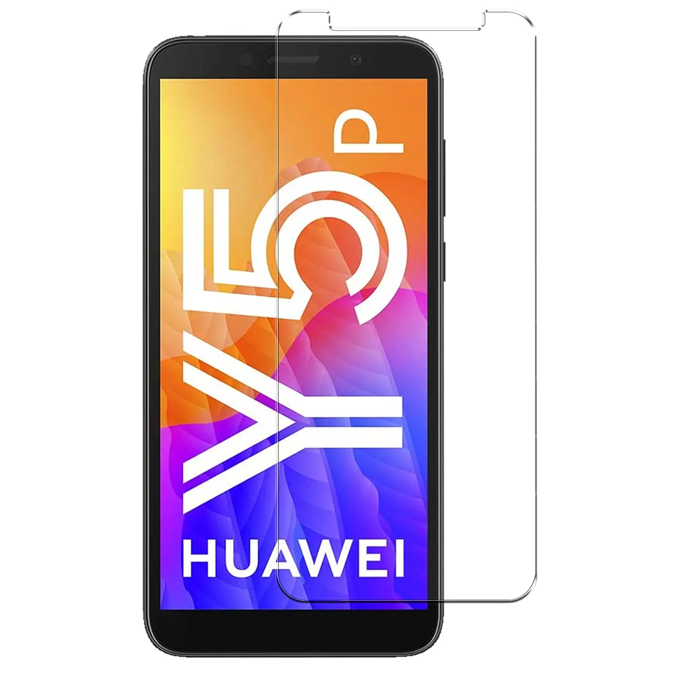 Huawei Y5P Smartphone von vorne mit transparentem Panzerglas Displayschutz, leicht nach rechts versetzt.